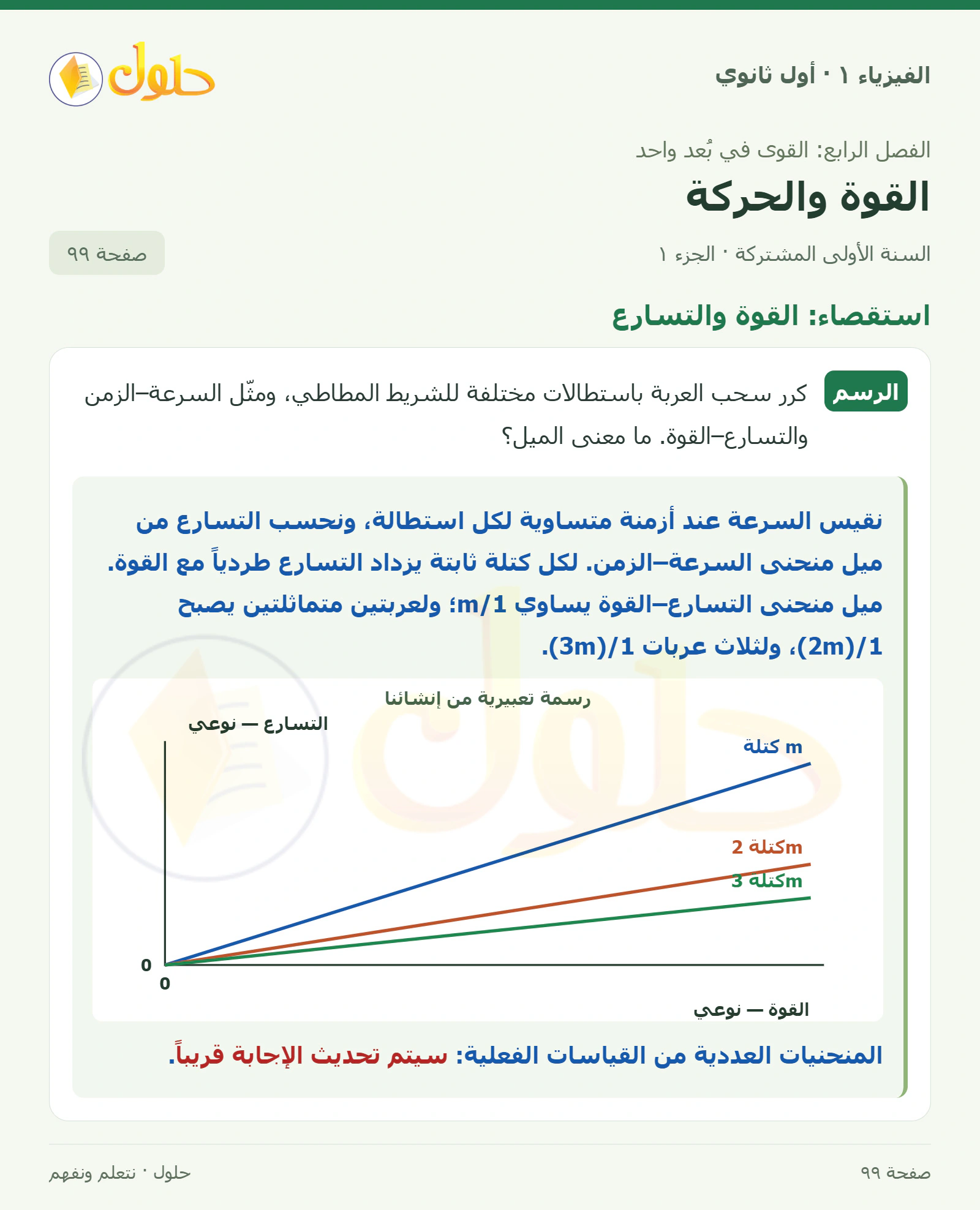 استقصاء: القوة والتسارع في كتاب الفيزياء ١ للصف الأول الثانوي صفحة ٩٩