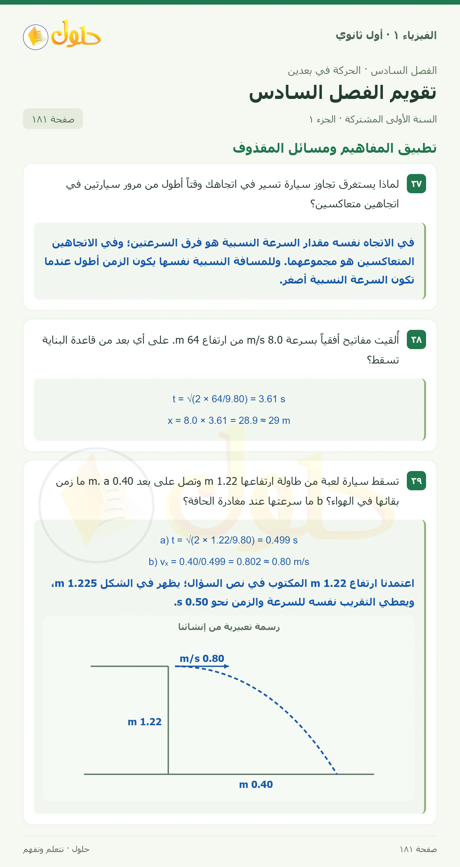 أنشطة تقويم الفصل السادس في كتاب الفيزياء ١ للصف الأول الثانوي صفحة ١٨١ الجزء ١