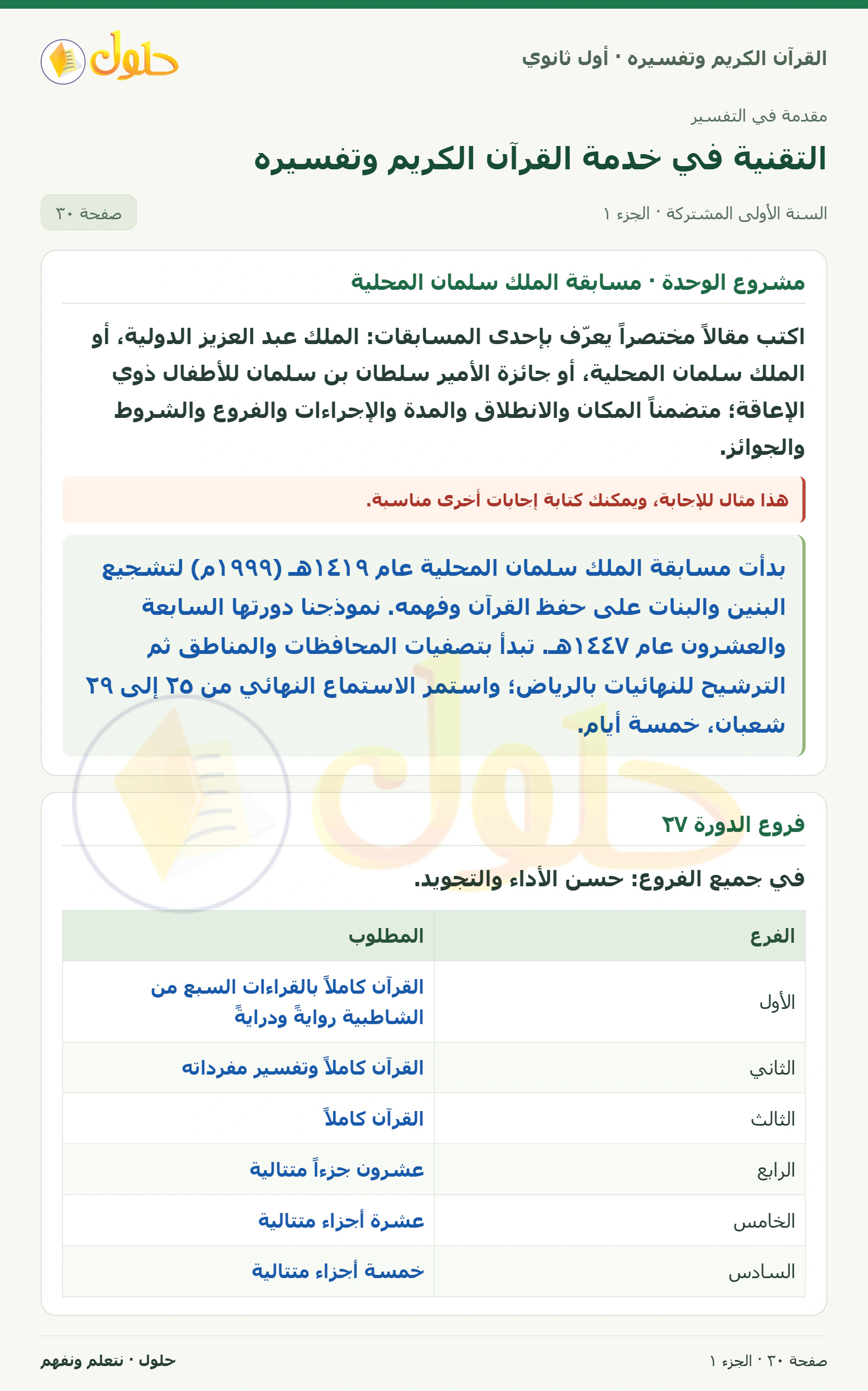 مشروع الوحدة · مسابقة الملك سلمان المحلية في كتاب القرآن الكريم وتفسيره للصف الأول الثانوي صفحة ٣٠، الجزء ١ من ٢