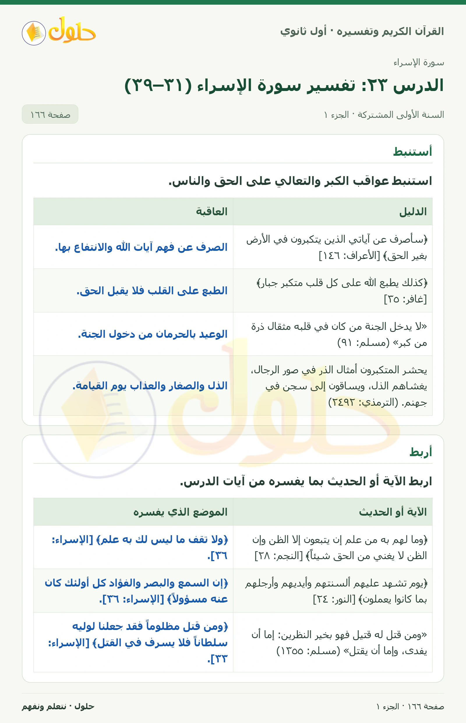 أستنبط في كتاب القرآن الكريم وتفسيره للصف الأول الثانوي صفحة ١٦٦، الجزء ١ من ٢