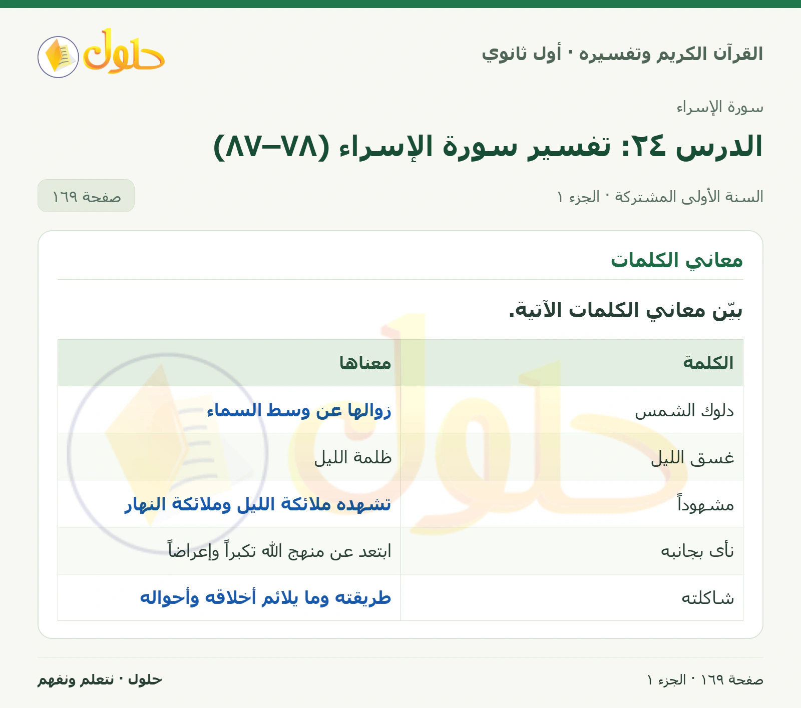 معاني الكلمات في كتاب القرآن الكريم وتفسيره للصف الأول الثانوي صفحة ١٦٩