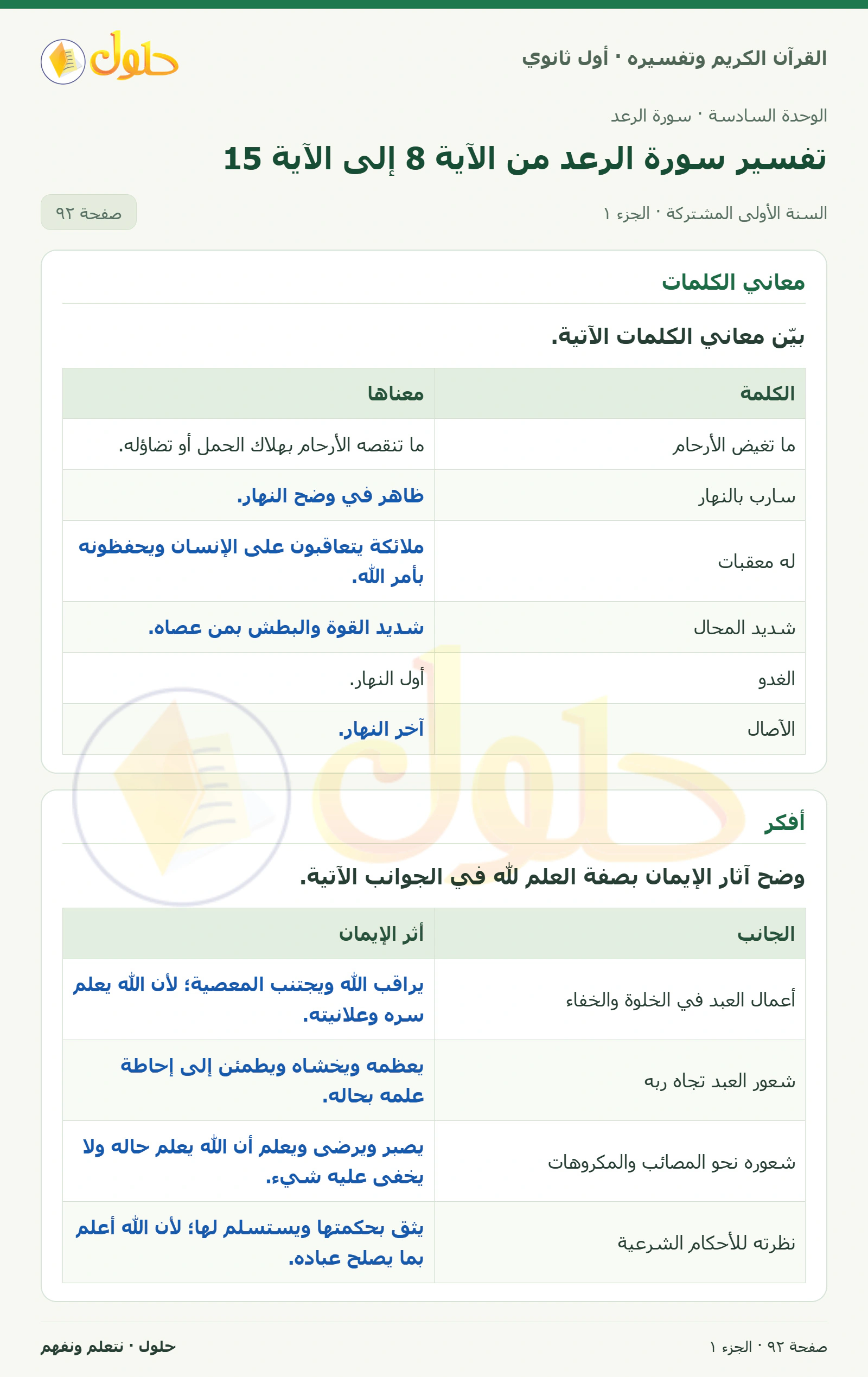 معاني الكلمات في كتاب القرآن الكريم وتفسيره للصف الأول الثانوي صفحة ٩٢، الجزء ١ من ٢