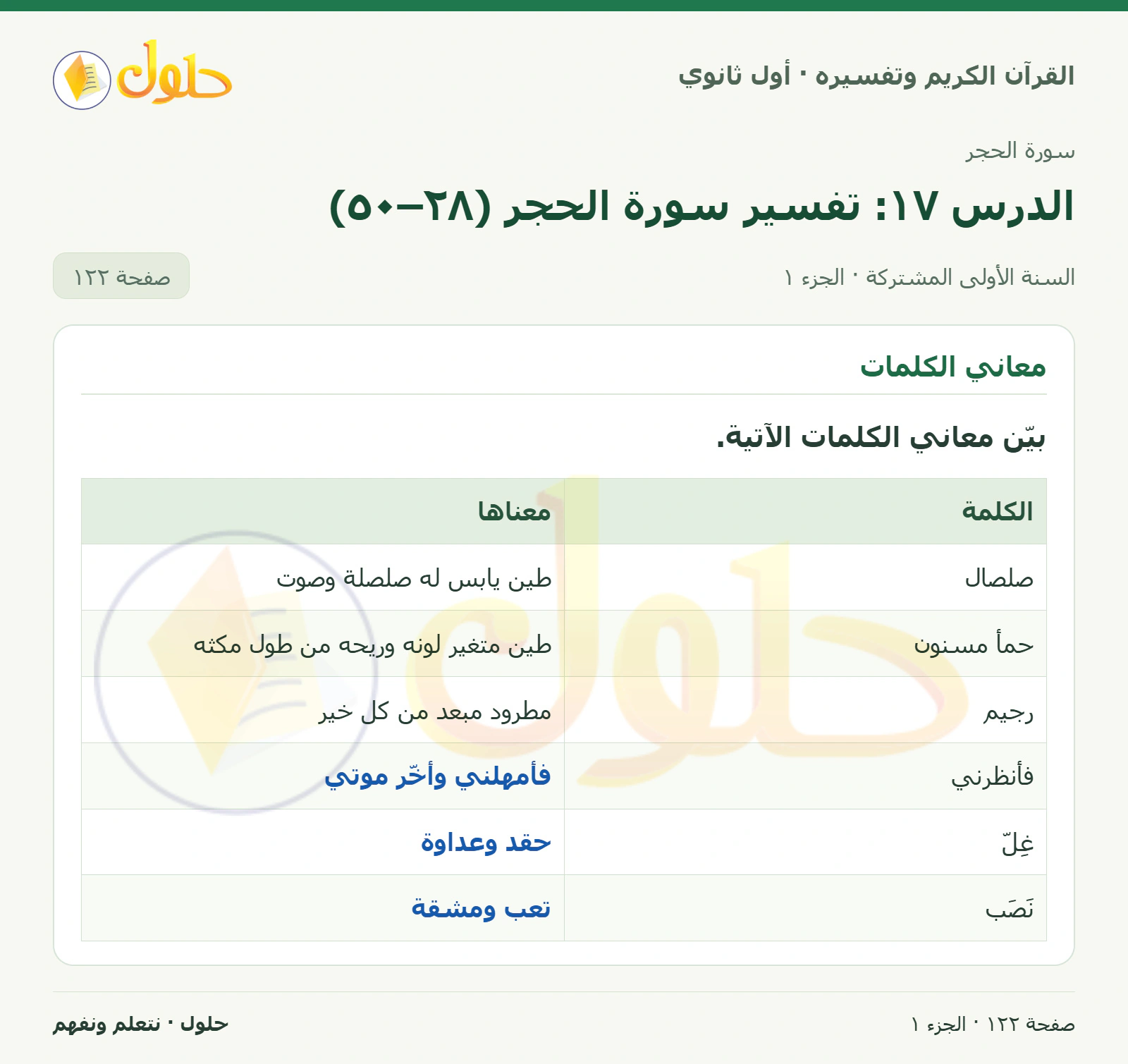 معاني الكلمات في كتاب القرآن الكريم وتفسيره للصف الأول الثانوي صفحة ١٢٢