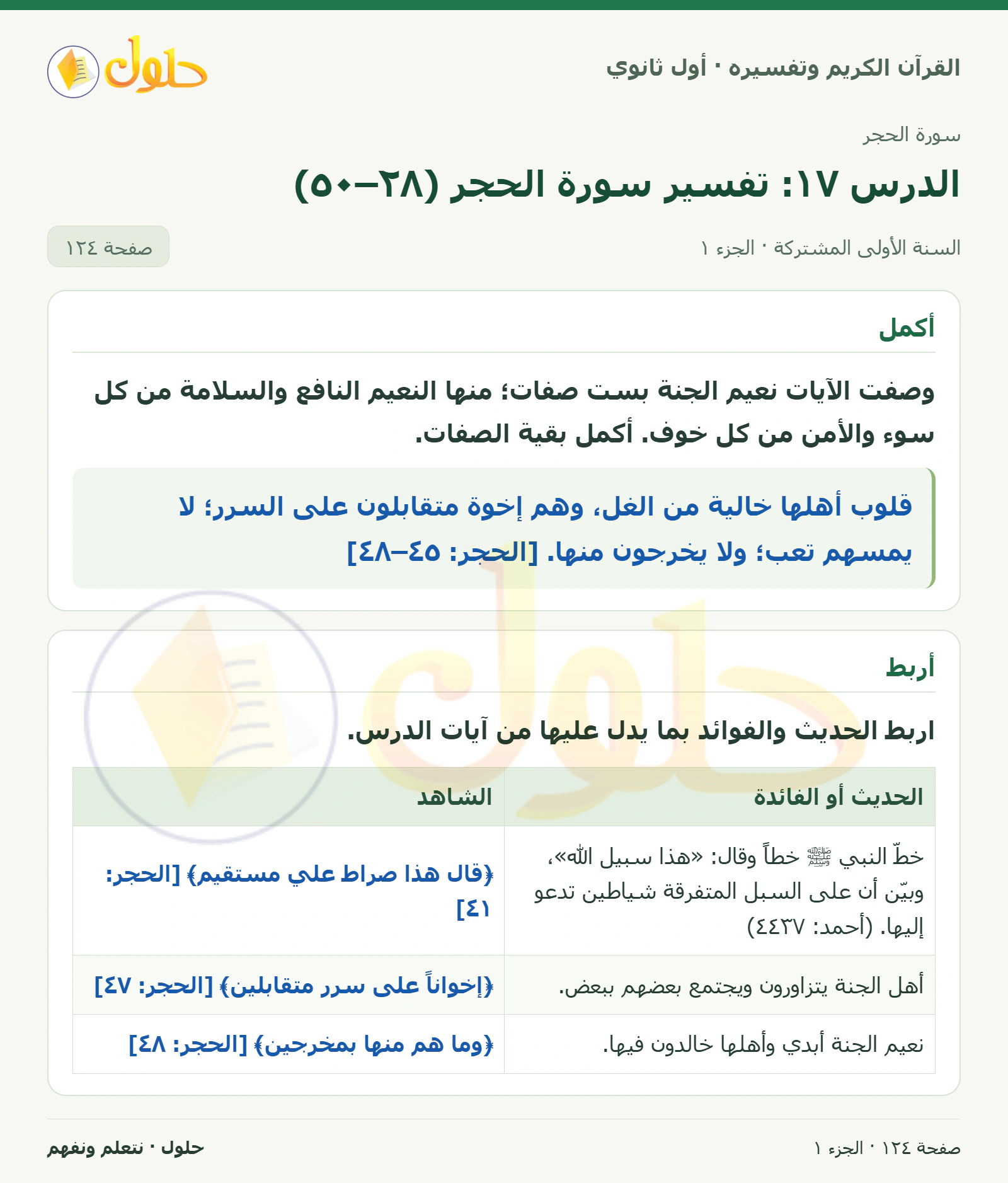 أكمل في كتاب القرآن الكريم وتفسيره للصف الأول الثانوي صفحة ١٢٤