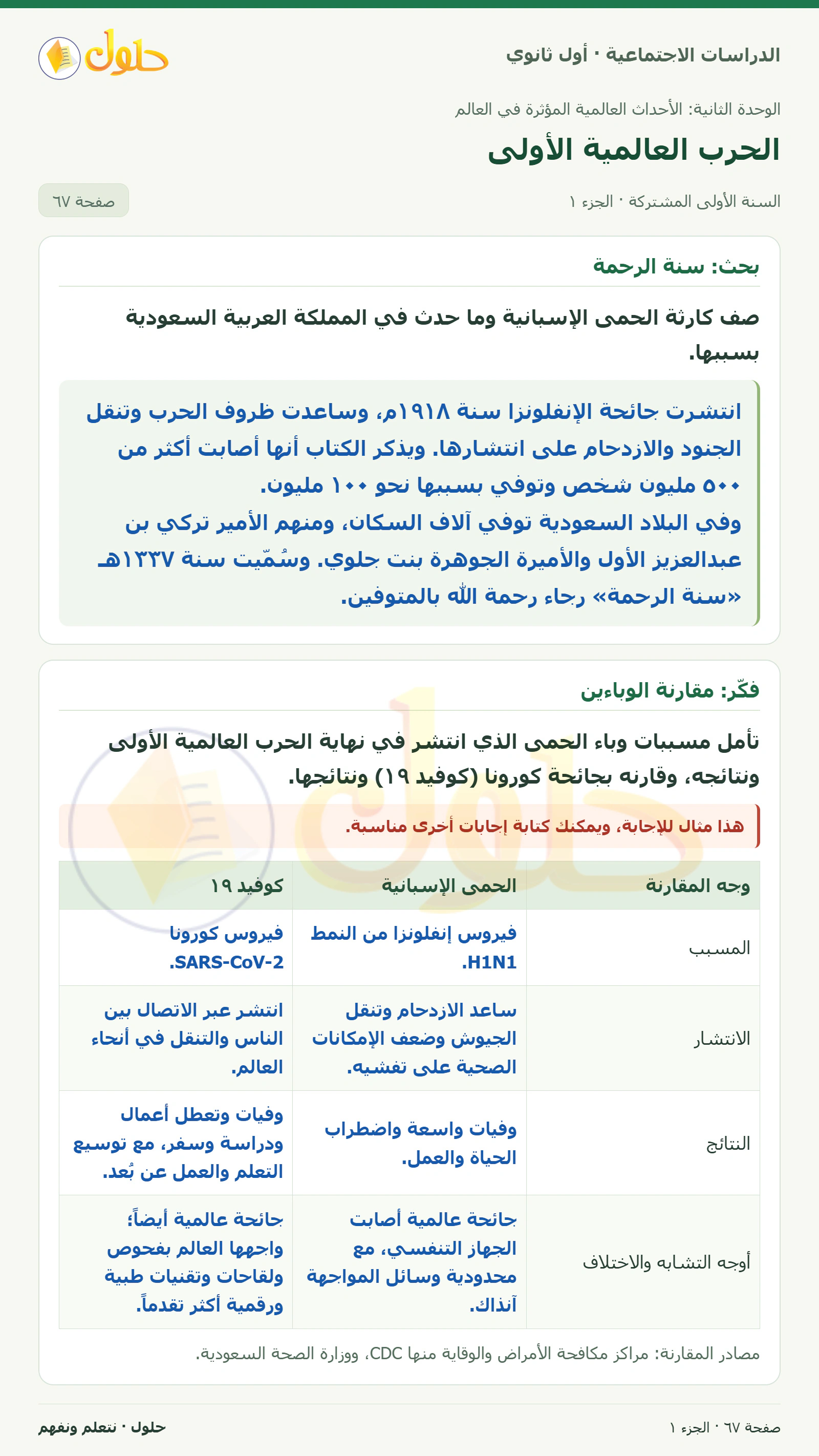 سنة الرحمة ومقارنة الوباءين وجهود المملكة لمواجهة كورونا صفحة 67