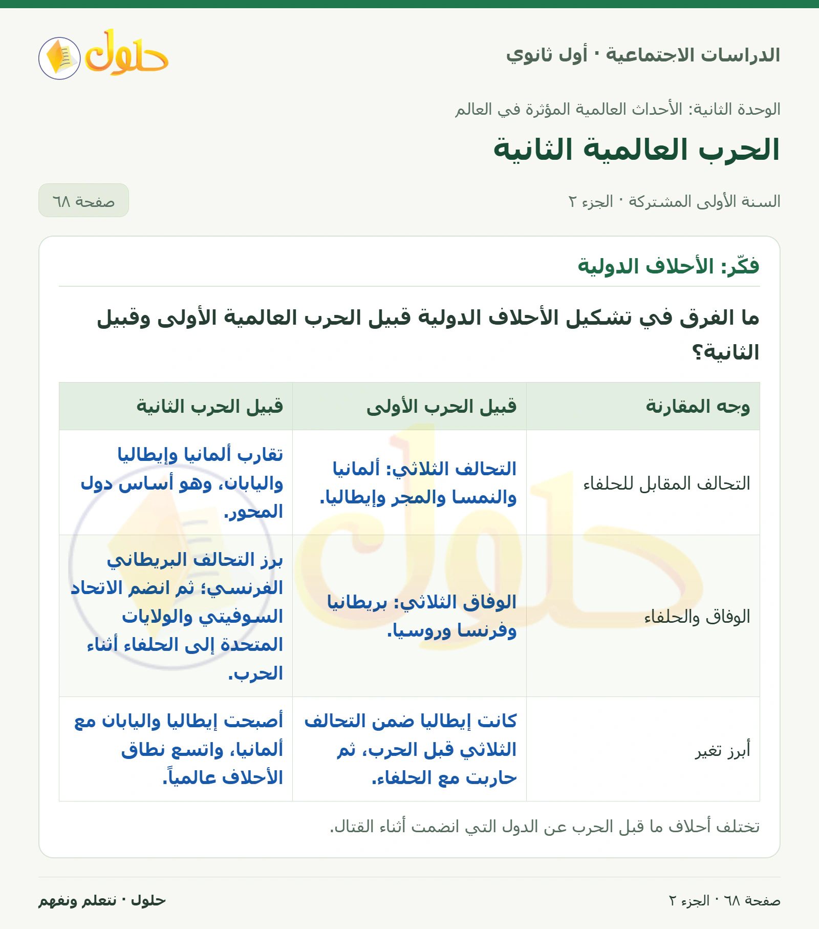 نتائج الحرب الأولى وأثرها ومقارنة الأحلاف الدولية صفحة 68