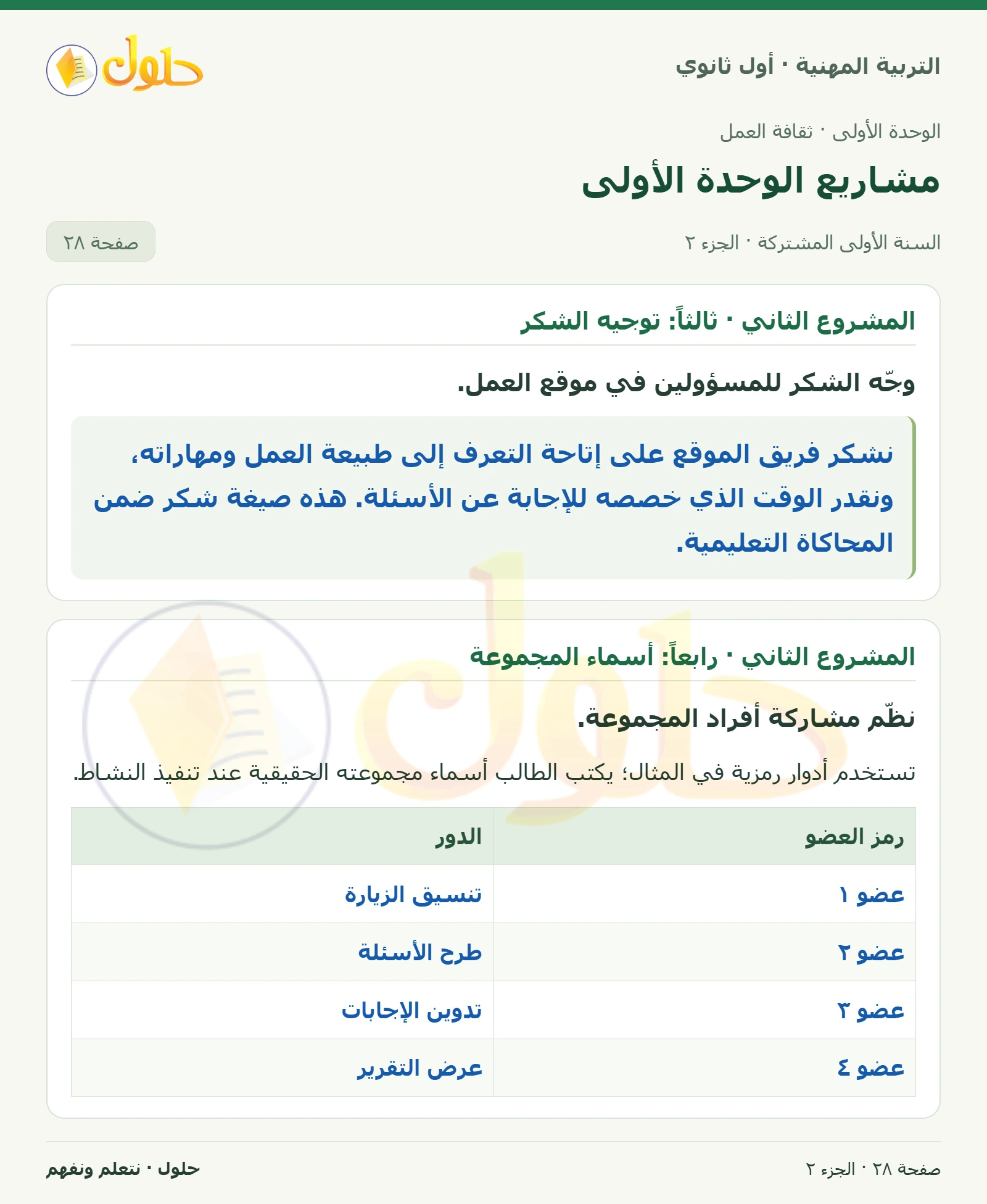 المشروع الثاني في كتاب التربية المهنية للصف الأول الثانوي صفحة ٢٨، الجزء ٢ من ٢