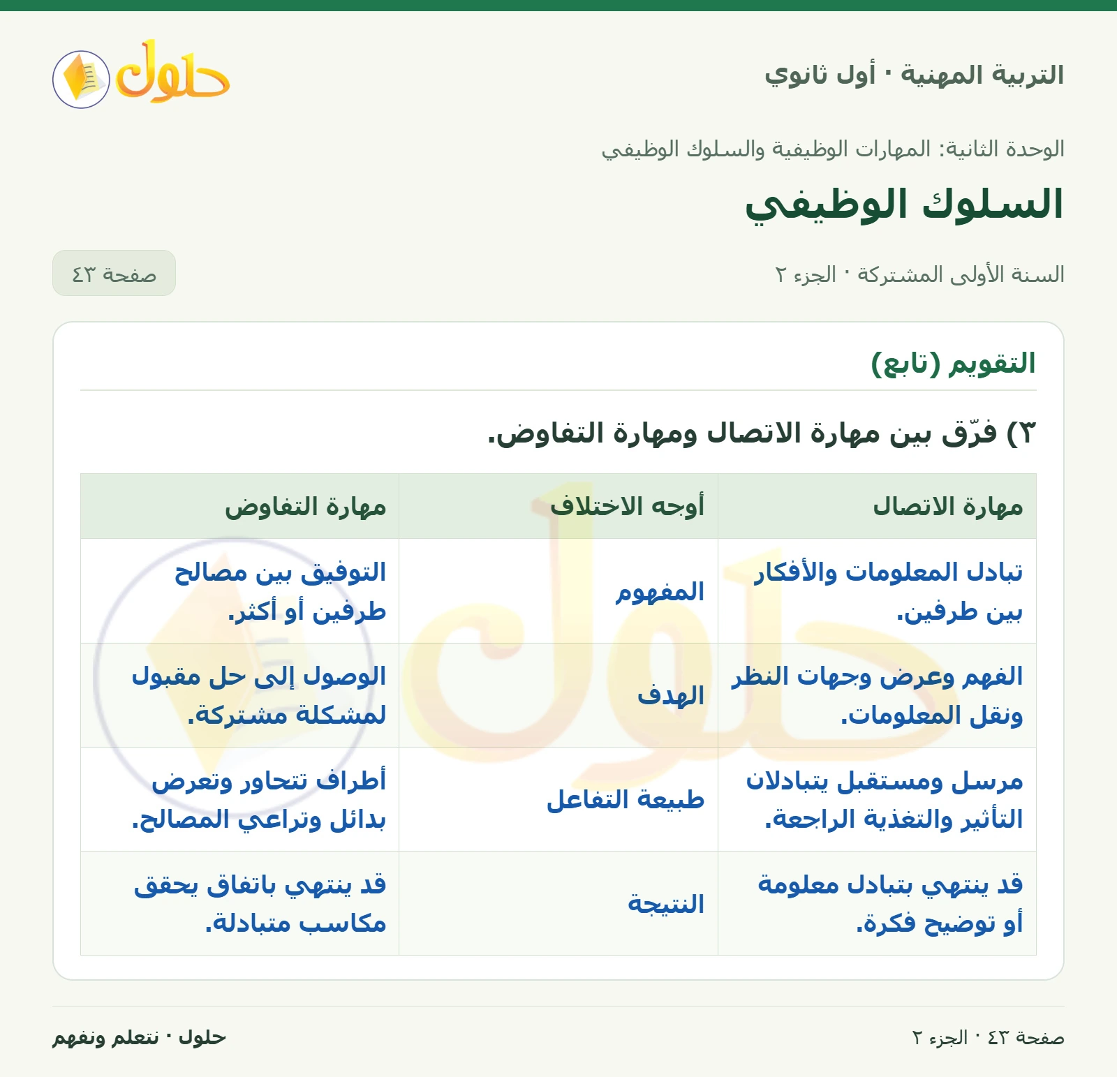 التقويم (تابع) في كتاب التربية المهنية للصف الأول الثانوي صفحة ٤٣، الجزء ٢ من ٢