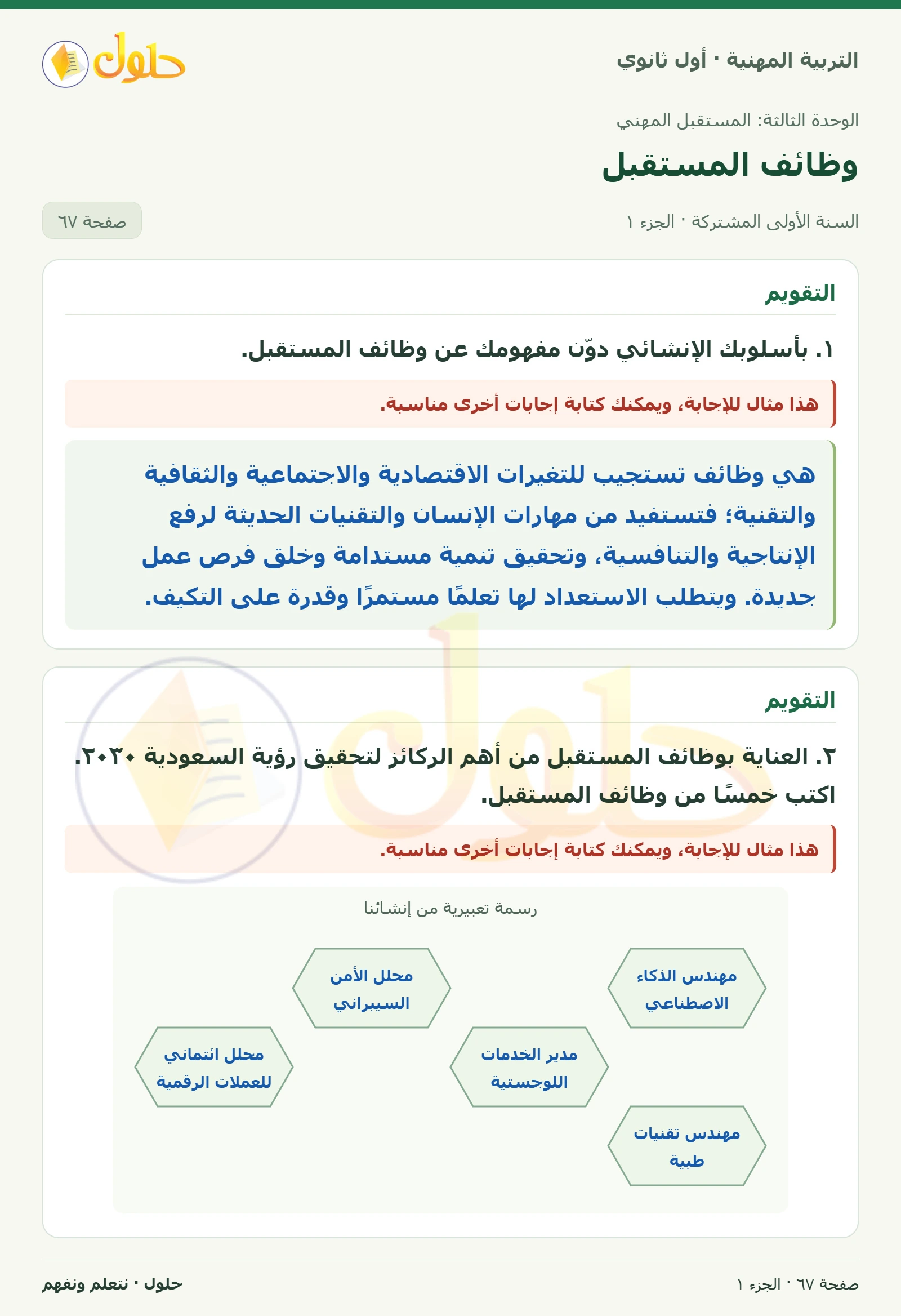 التقويم في كتاب التربية المهنية للصف الأول الثانوي صفحة ٦٧، الجزء ١ من ٢