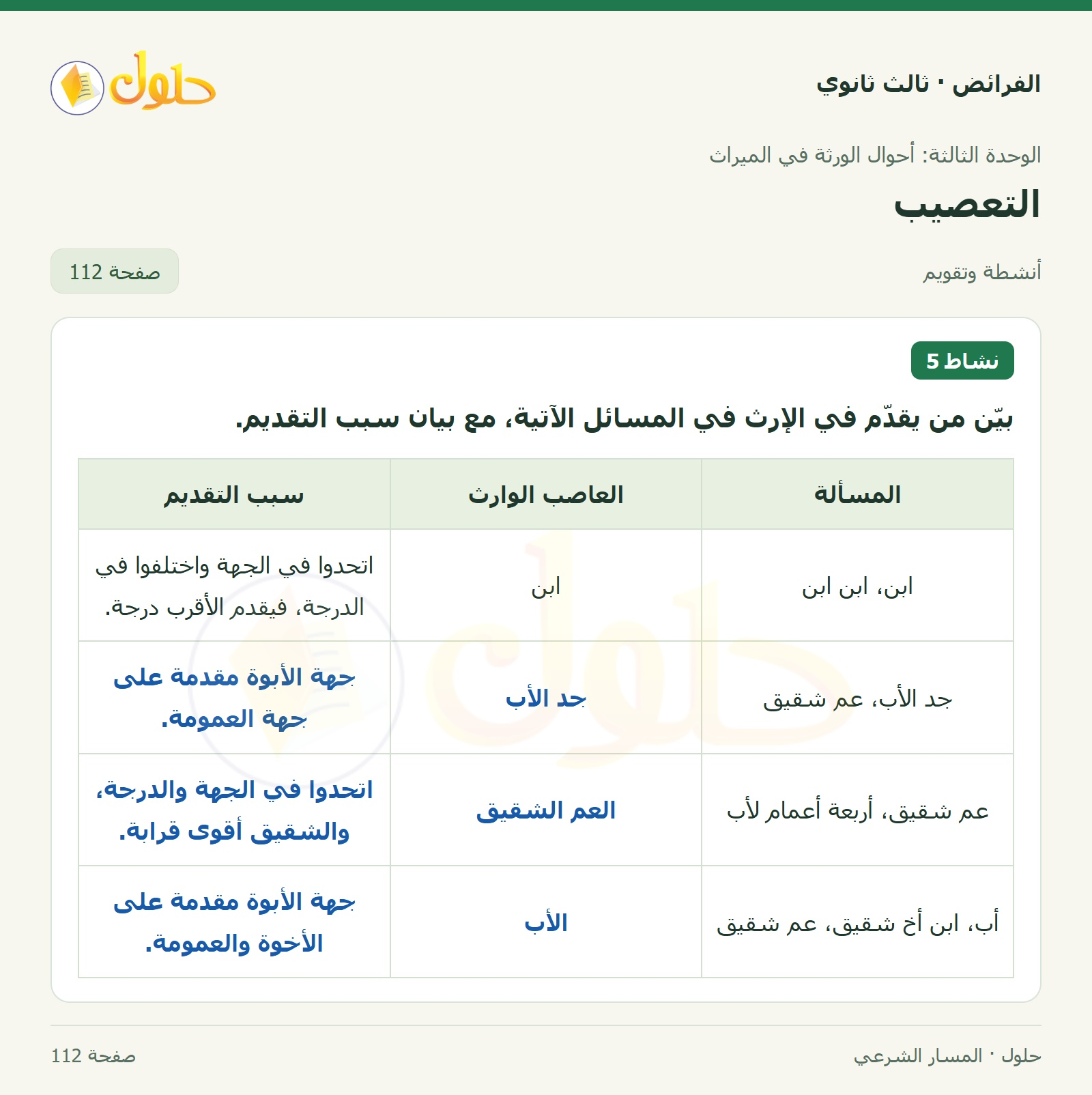 حل الفرائض ثالث ثانوي — التعصيب — صفحة 112