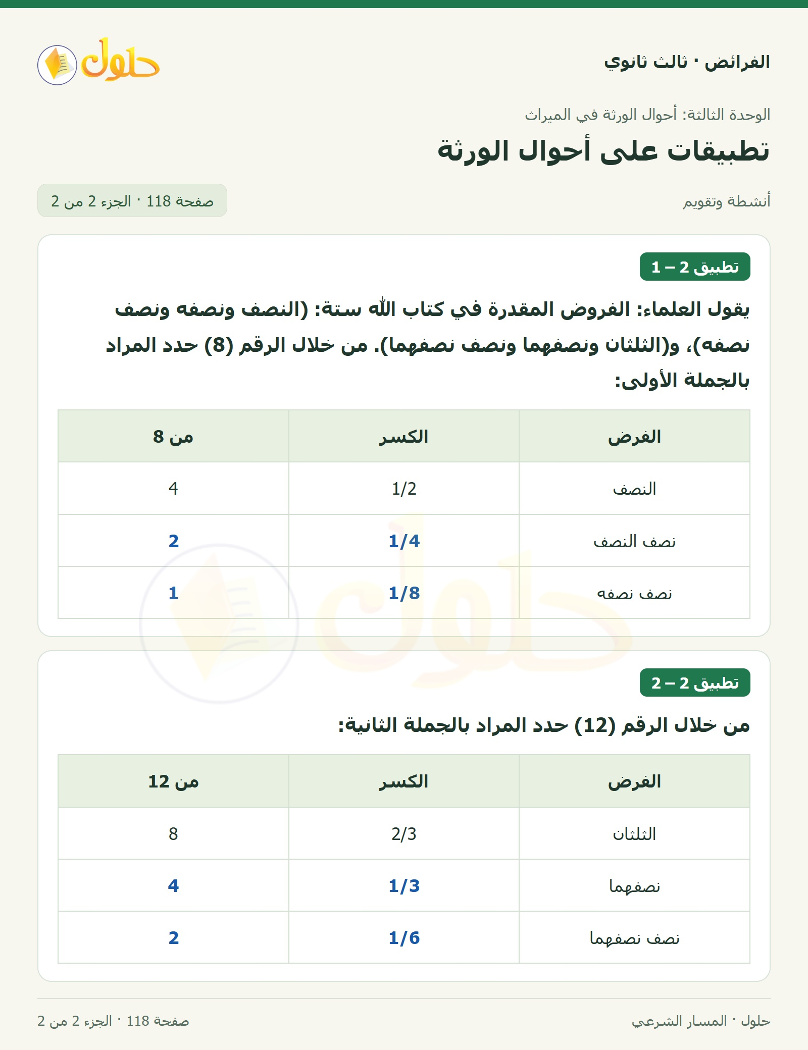 حل الفرائض ثالث ثانوي — تطبيقات — صفحة 118 — الجزء 2 من 2
