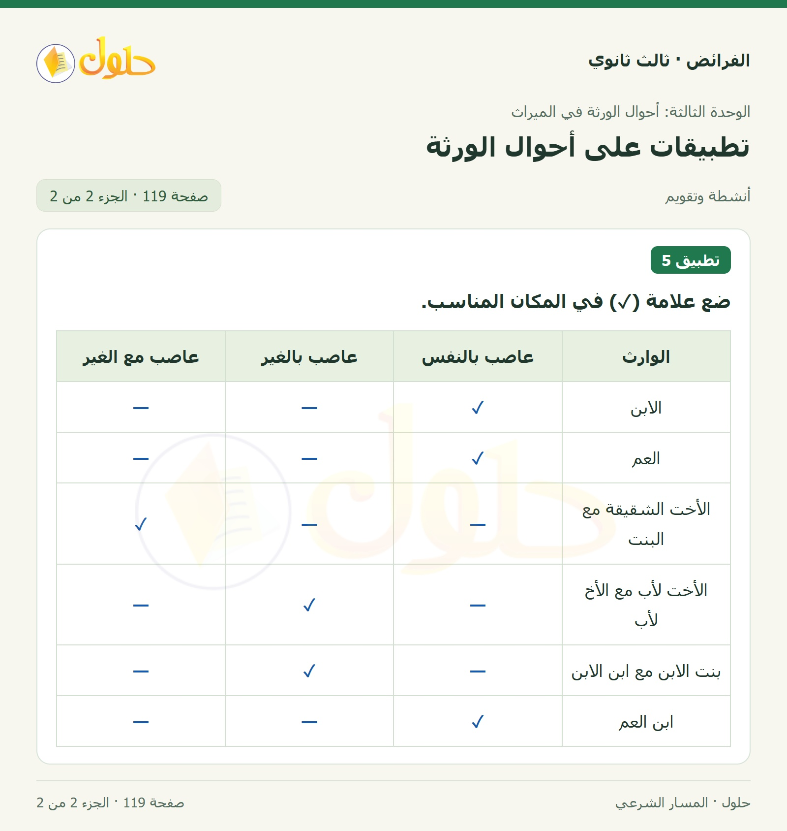 حل الفرائض ثالث ثانوي — تطبيقات — صفحة 119 — الجزء 2 من 2