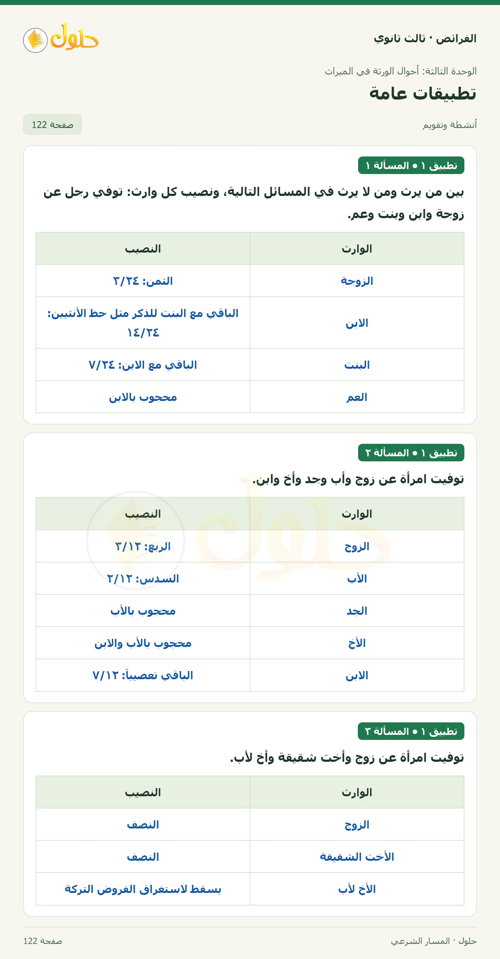 حل الفرائض ثالث ثانوي — تطبيقات عامة — صفحة 122