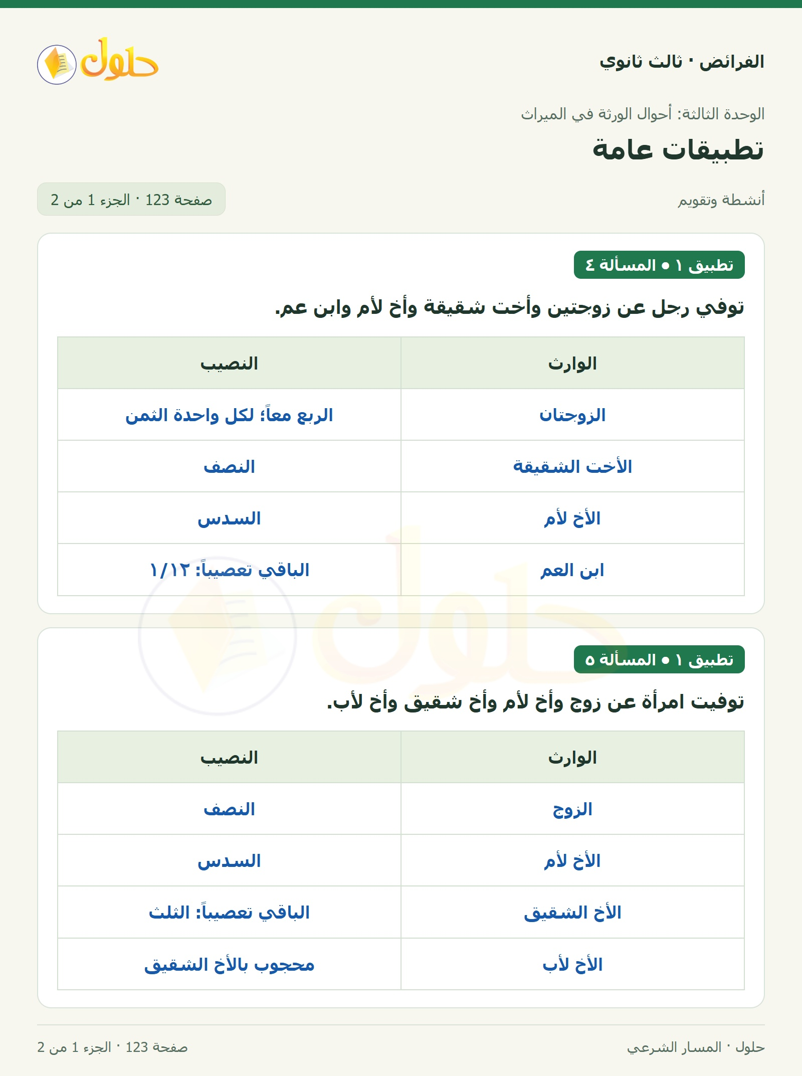 حل الفرائض ثالث ثانوي — تطبيقات عامة — صفحة 123 — الجزء 1 من 2