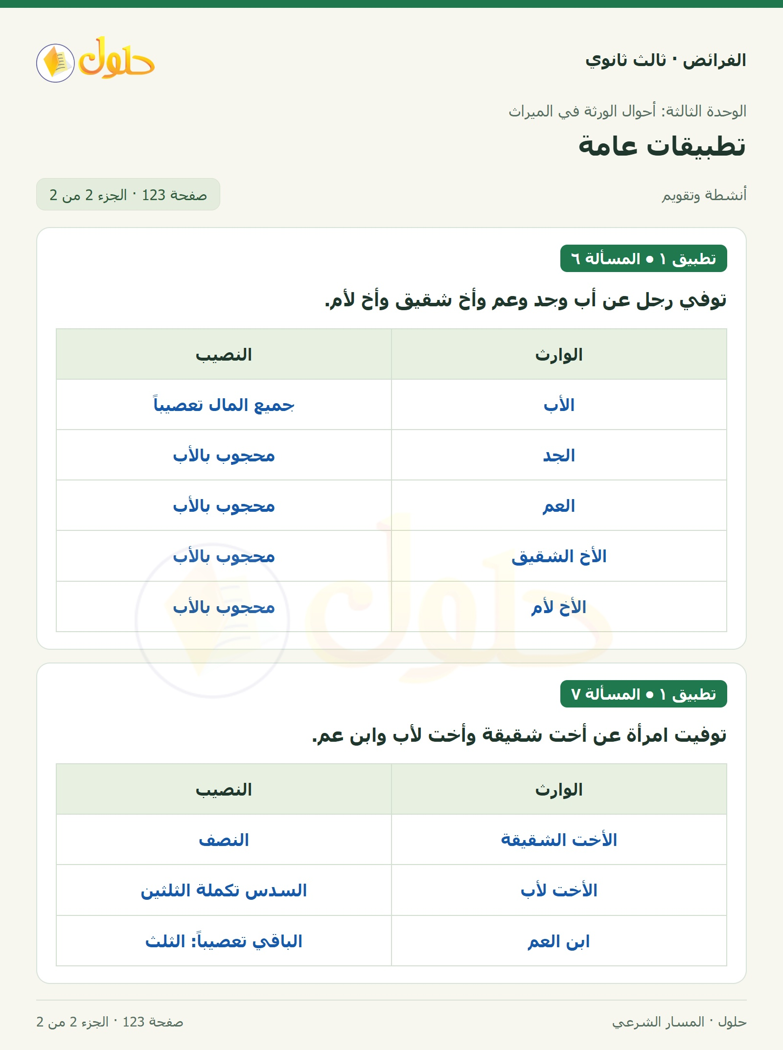 حل الفرائض ثالث ثانوي — تطبيقات عامة — صفحة 123 — الجزء 2 من 2