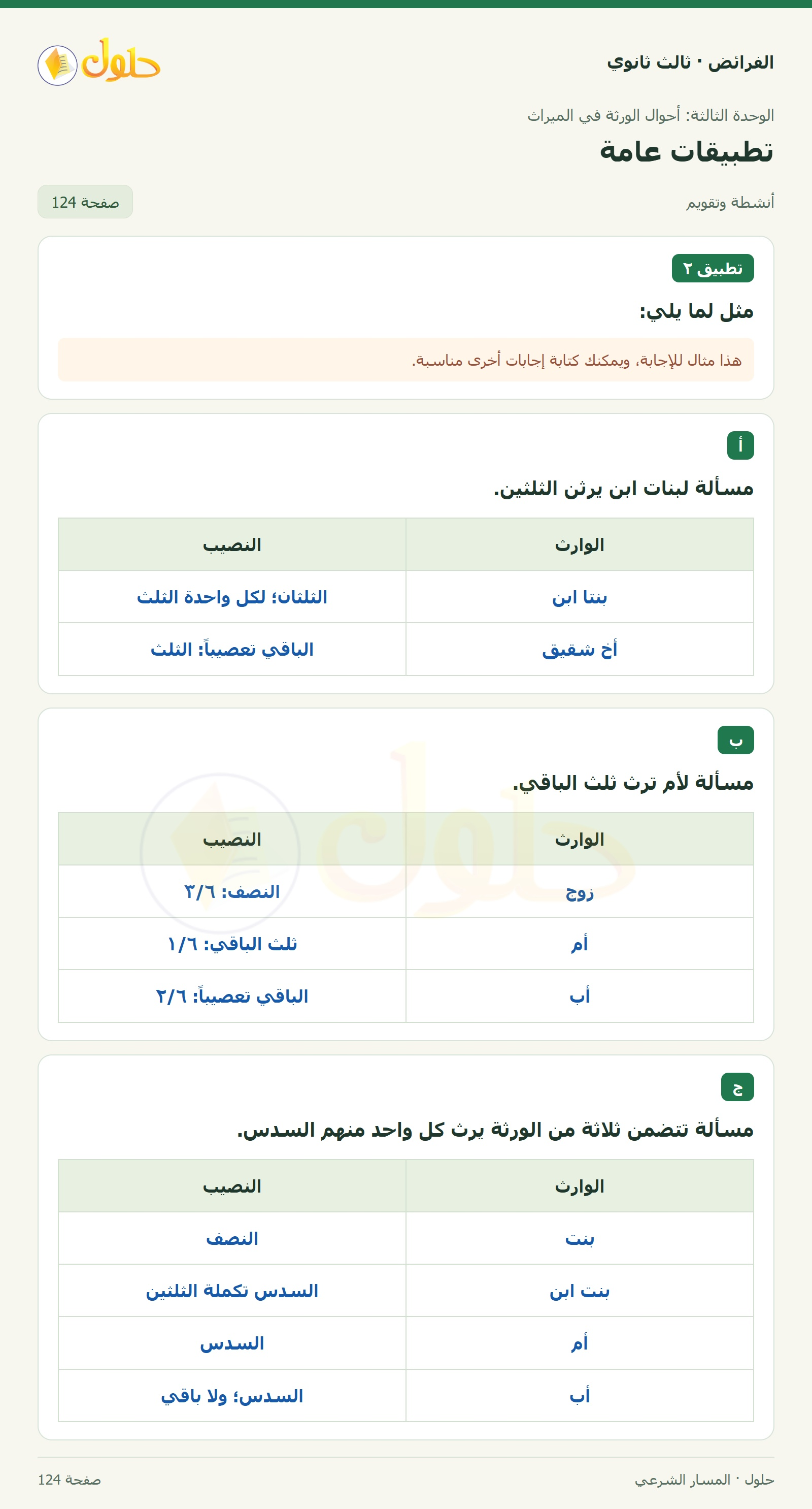 حل الفرائض ثالث ثانوي — تطبيقات عامة — صفحة 124