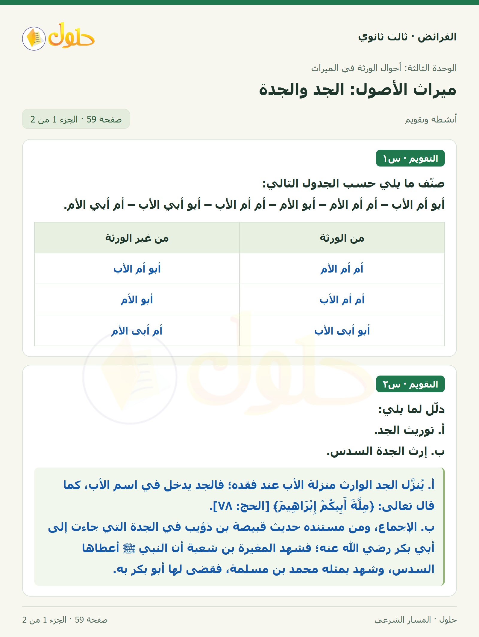 حل الفرائض ثالث ثانوي — ميراث الأصول (الجد، الجدة) — صفحة 59 — الجزء 1 من 2