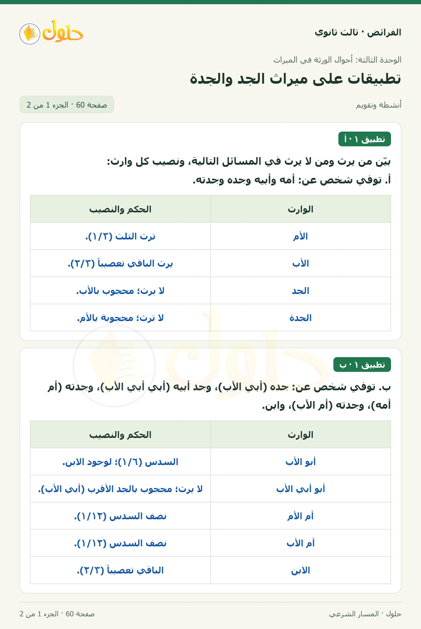 حل الفرائض ثالث ثانوي — تطبيقات — صفحة 60 — الجزء 1 من 2