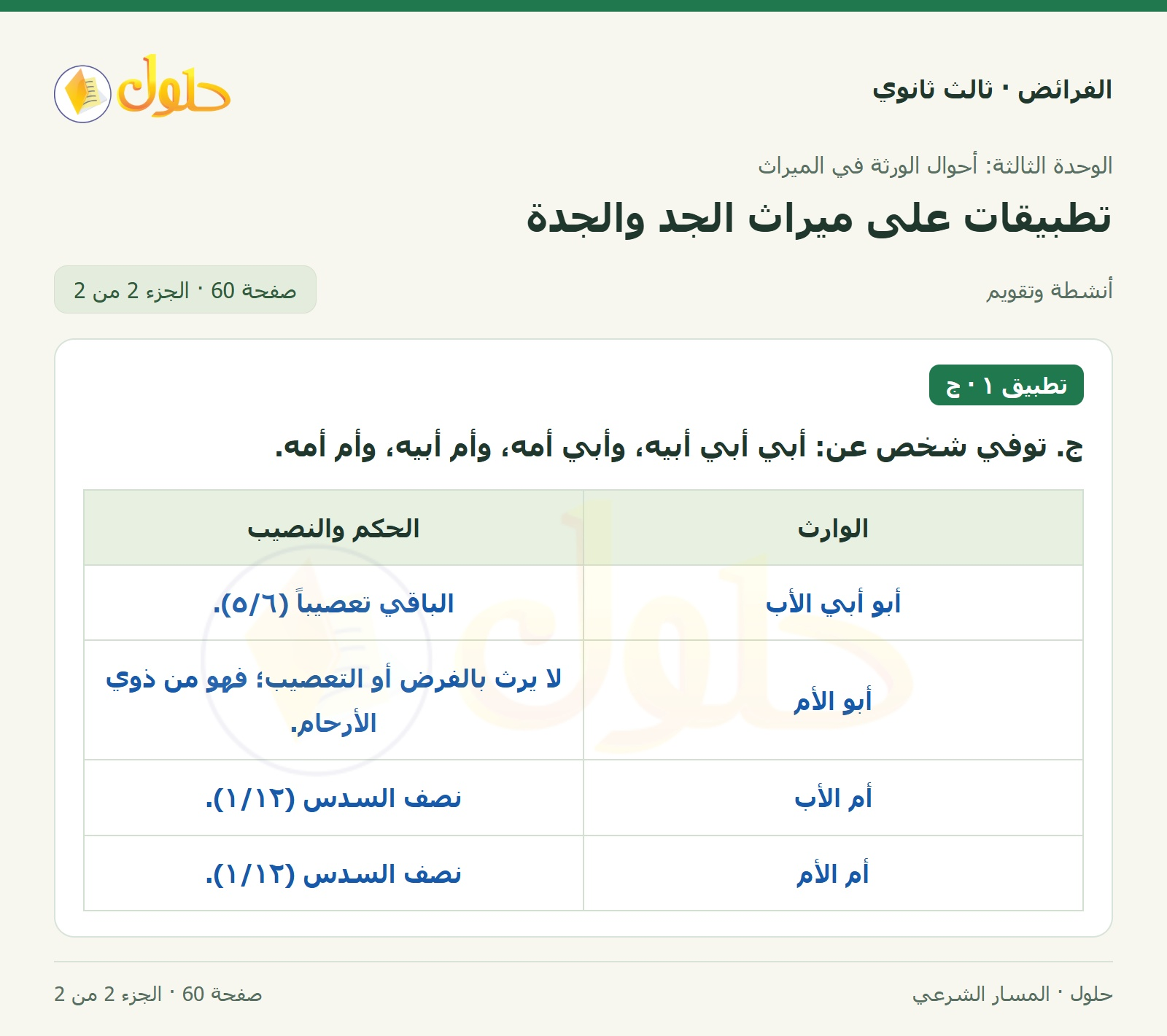 حل الفرائض ثالث ثانوي — تطبيقات — صفحة 60 — الجزء 2 من 2