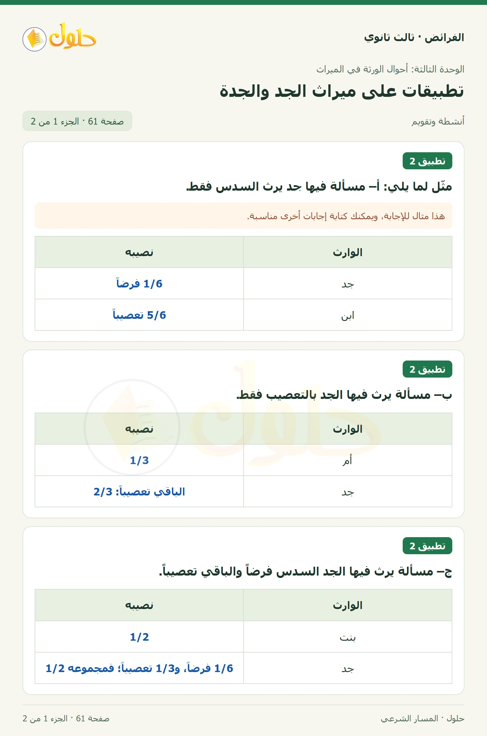 حل الفرائض ثالث ثانوي — تطبيقات — صفحة 61 — الجزء 1 من 2