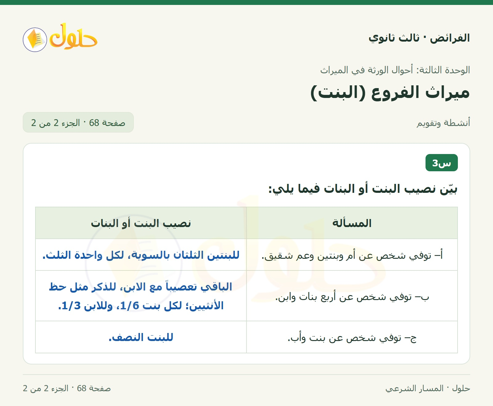 حل الفرائض ثالث ثانوي — ميراث الفروع (البنت) — صفحة 68 — الجزء 2 من 2