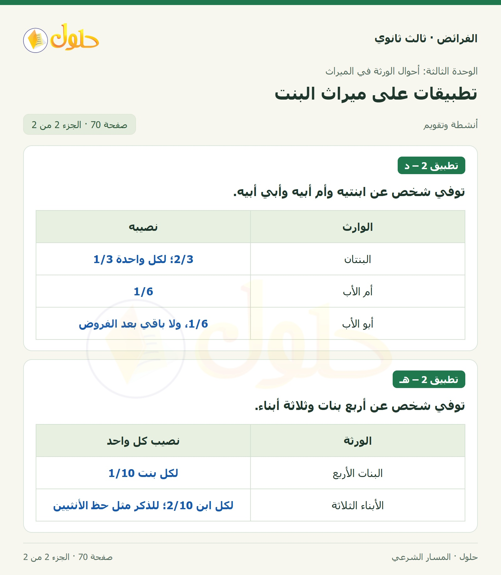 حل الفرائض ثالث ثانوي — تطبيقات — صفحة 70 — الجزء 2 من 2