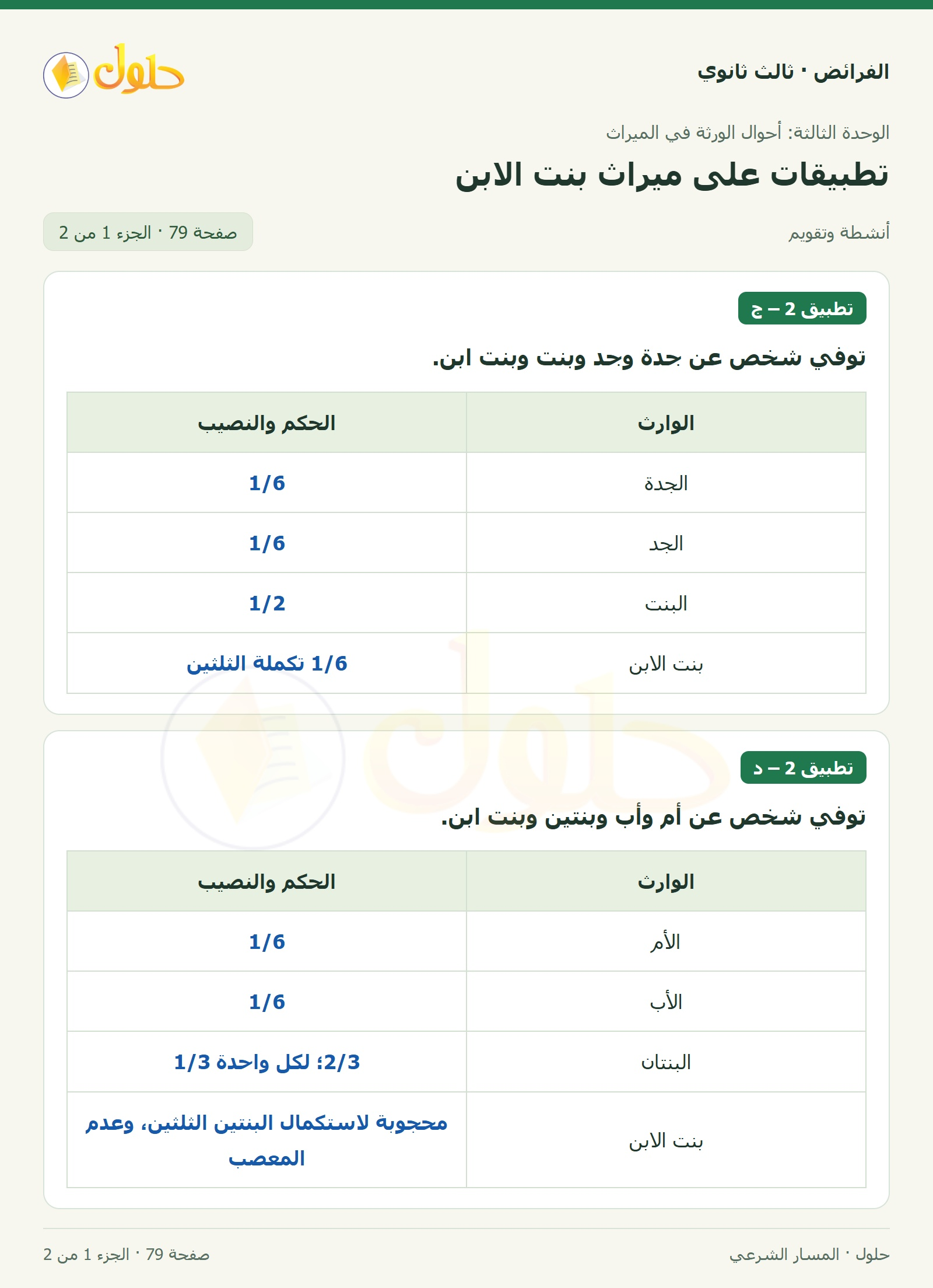 حل الفرائض ثالث ثانوي — تطبيقات — صفحة 79 — الجزء 1 من 2