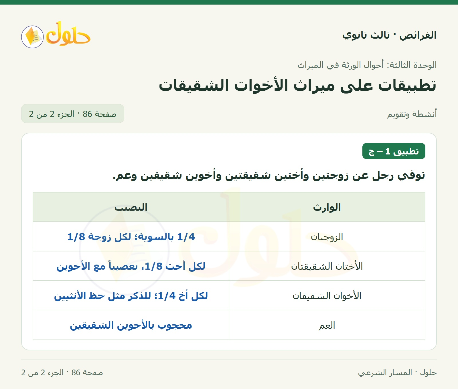 حل الفرائض ثالث ثانوي — تطبيقات — صفحة 86 — الجزء 2 من 2