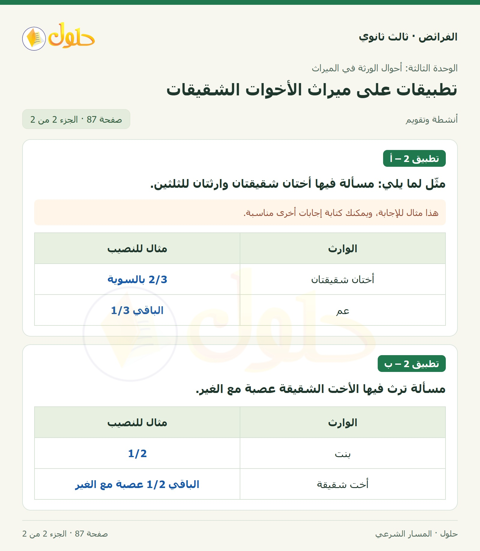 حل الفرائض ثالث ثانوي — تطبيقات — صفحة 87 — الجزء 2 من 2