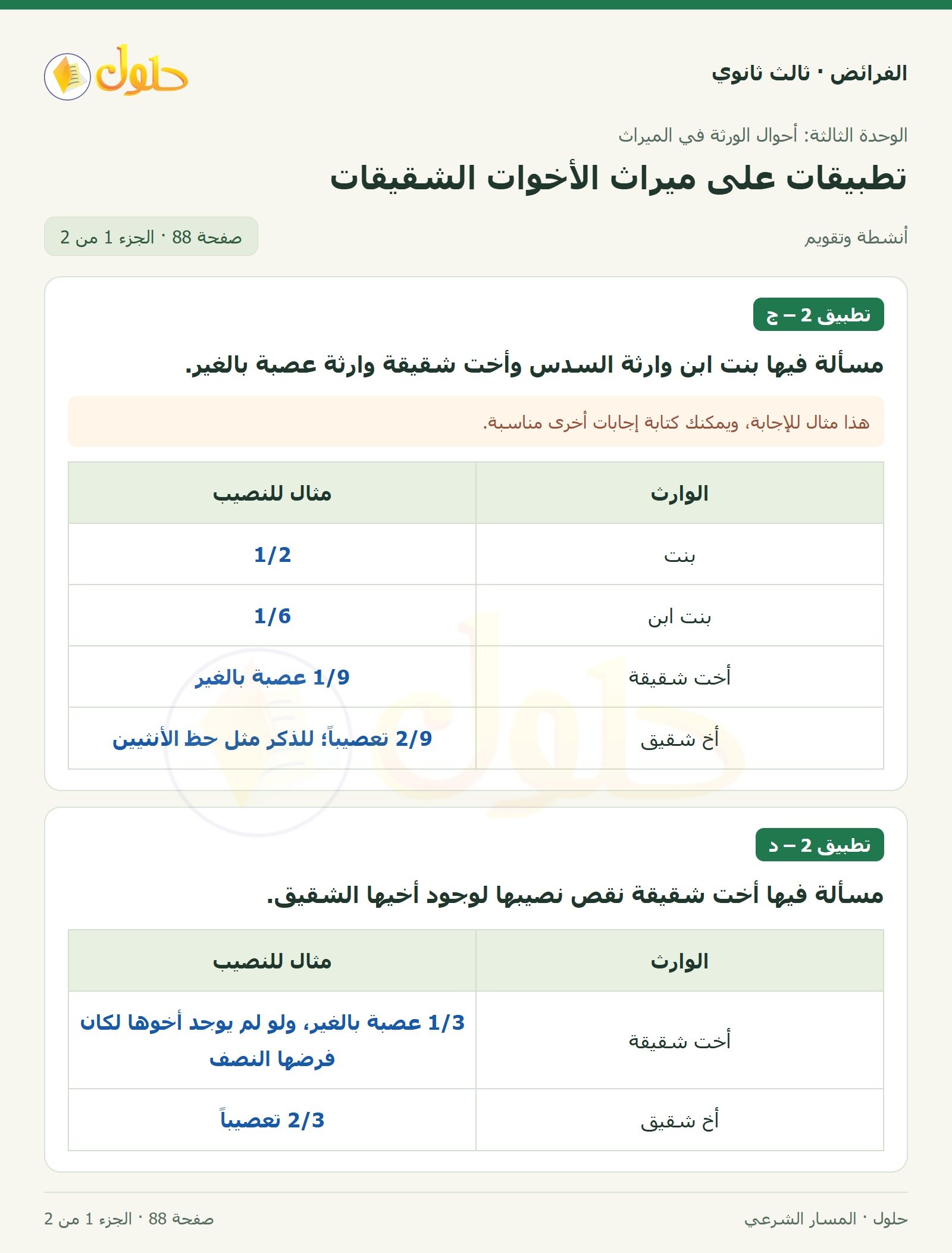 حل الفرائض ثالث ثانوي — تطبيقات — صفحة 88 — الجزء 1 من 2