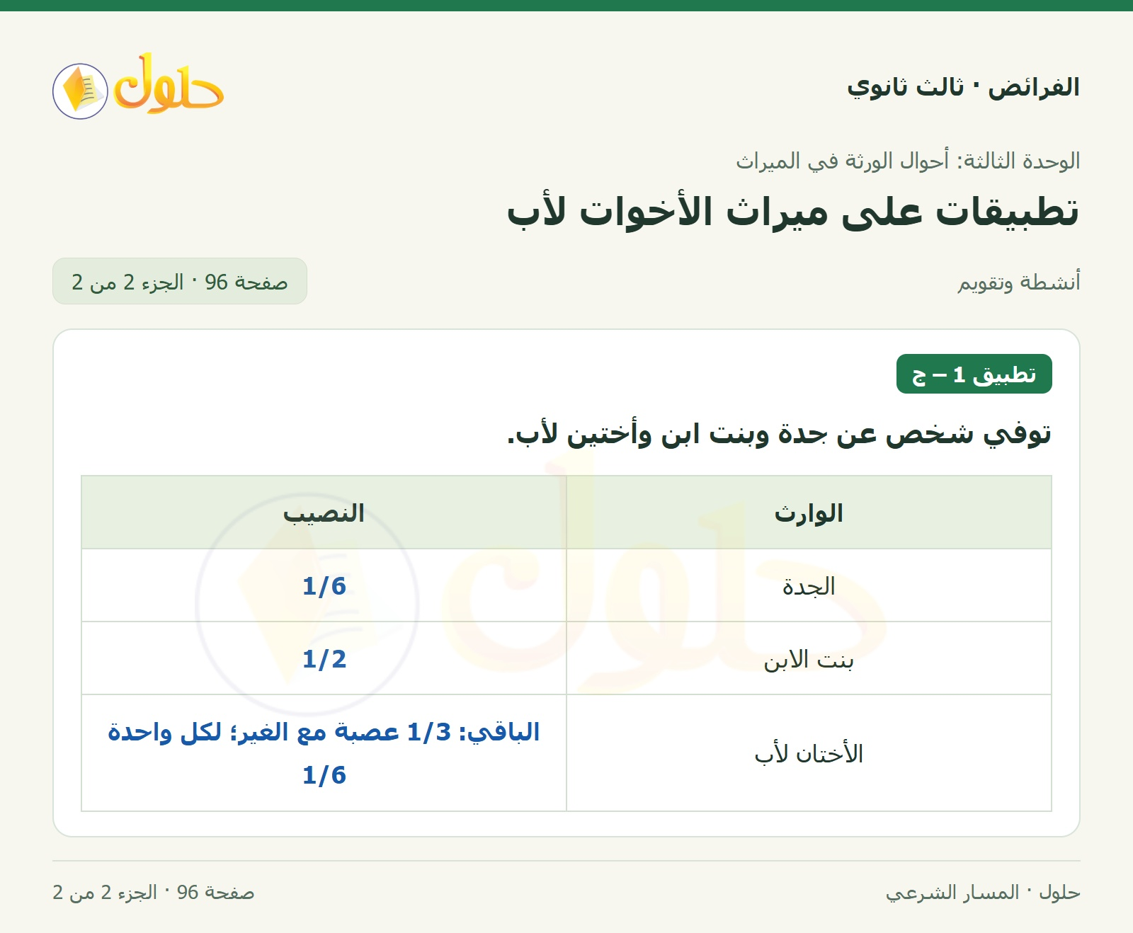 حل الفرائض ثالث ثانوي — تطبيقات — صفحة 96 — الجزء 2 من 2