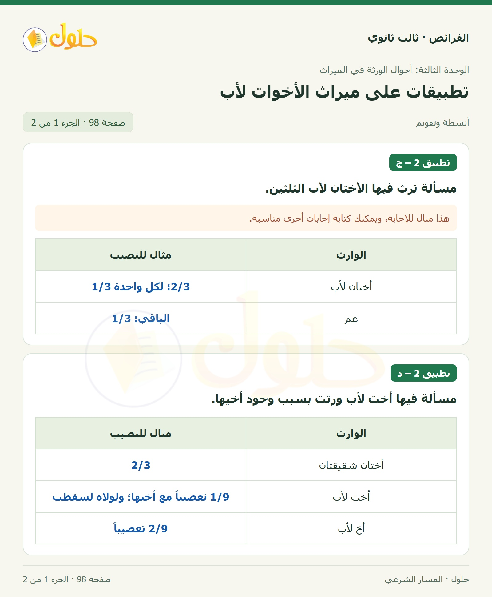 حل الفرائض ثالث ثانوي — تطبيقات — صفحة 98 — الجزء 1 من 2