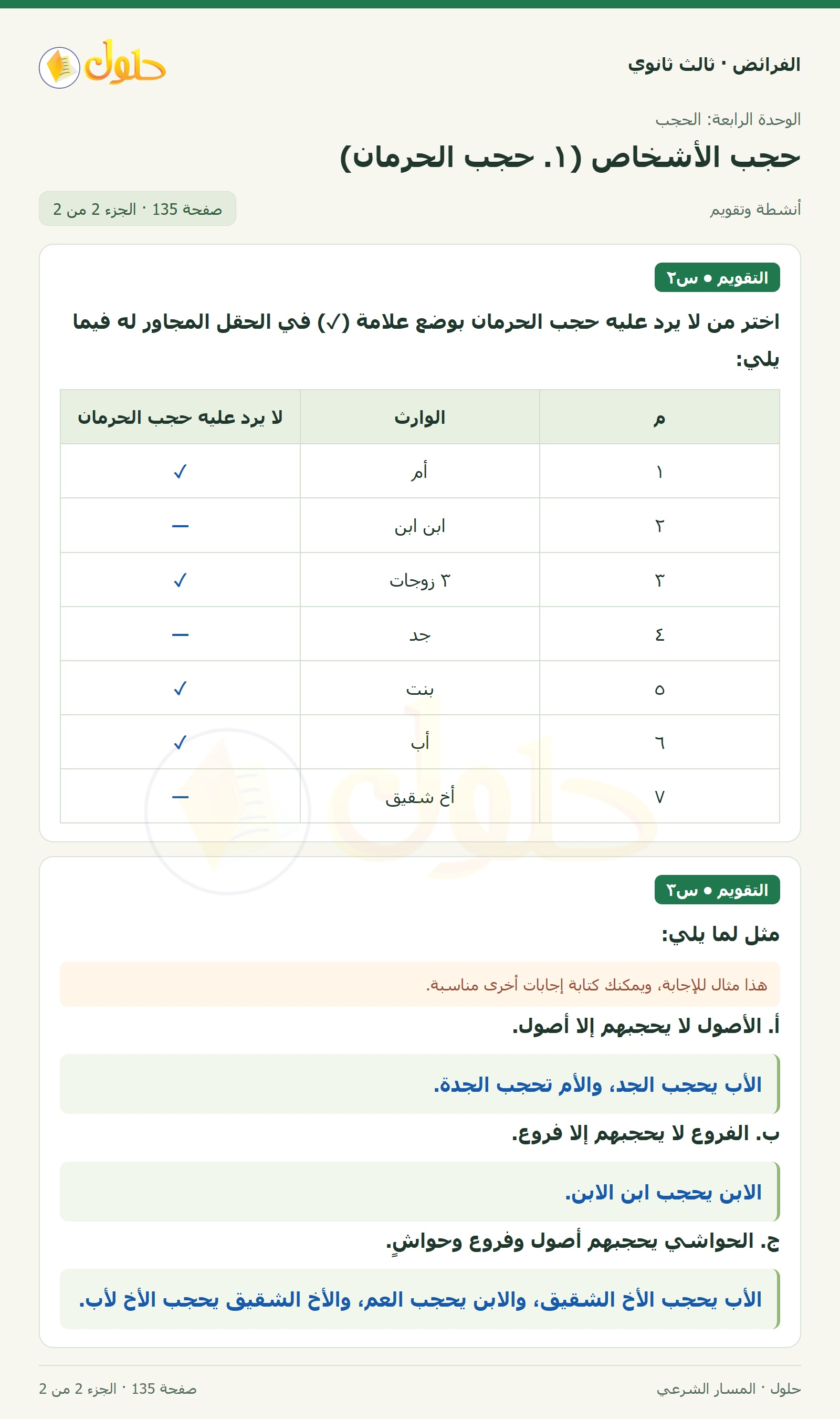 حل الفرائض ثالث ثانوي — حجب الأشخاص (1): حجب الحرمان — صفحة 135 — الجزء 2 من 2