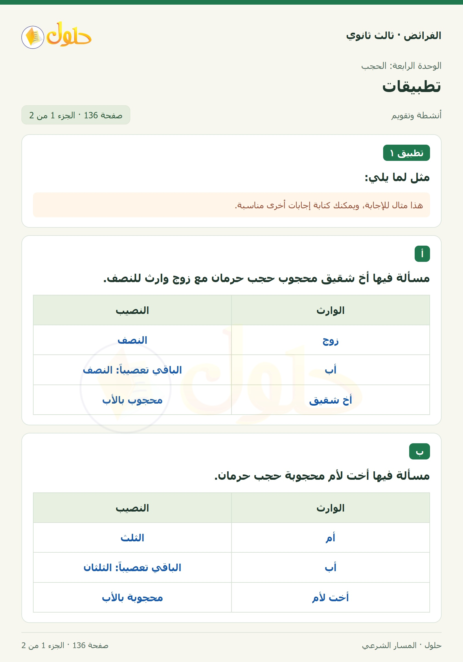 حل الفرائض ثالث ثانوي — تطبيقات — صفحة 136 — الجزء 1 من 2