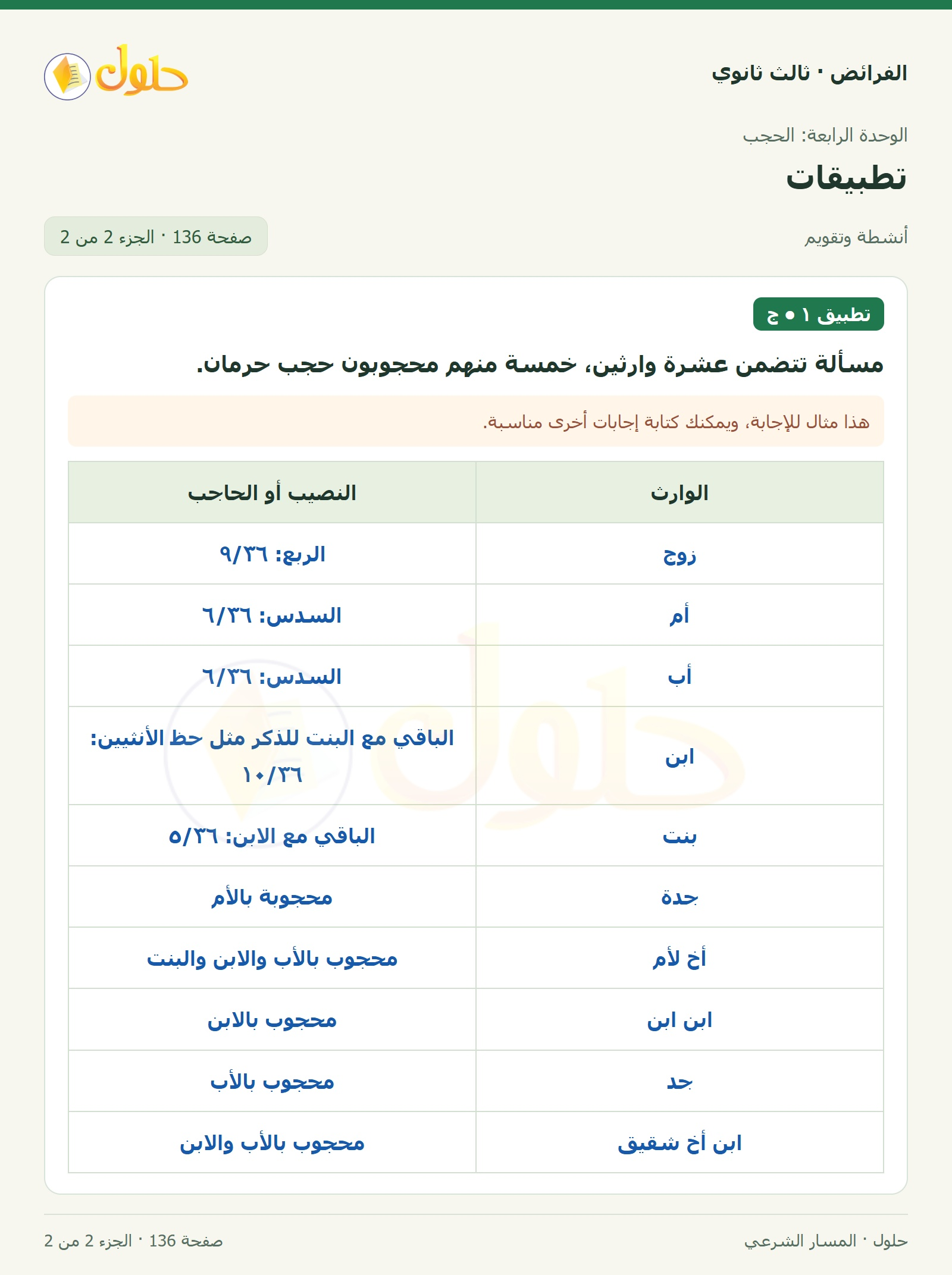 حل الفرائض ثالث ثانوي — تطبيقات — صفحة 136 — الجزء 2 من 2