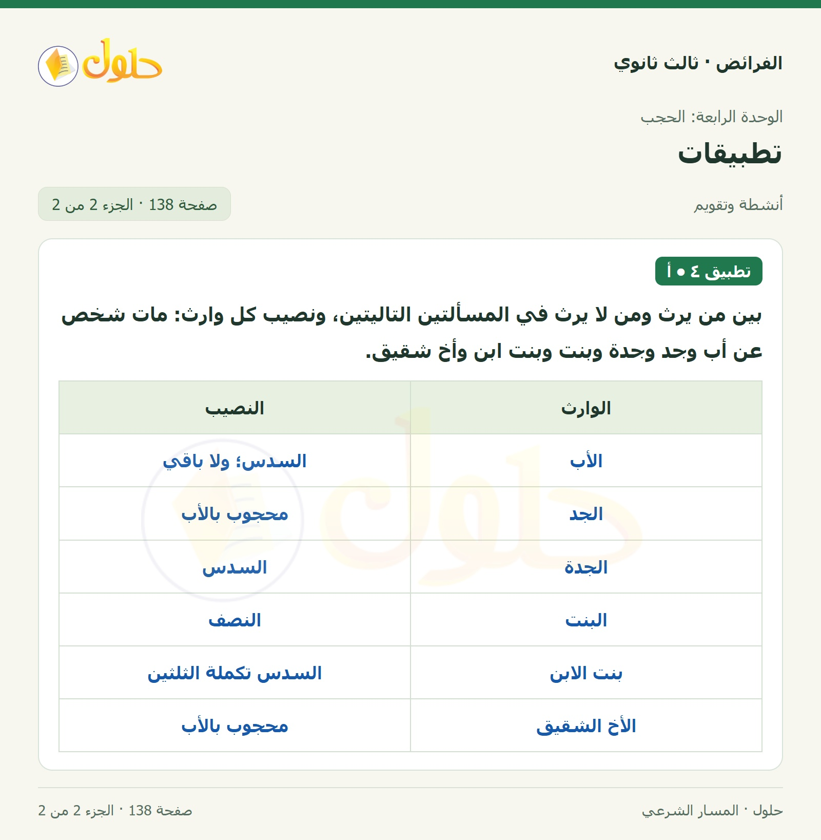 حل الفرائض ثالث ثانوي — تطبيقات — صفحة 138 — الجزء 2 من 2