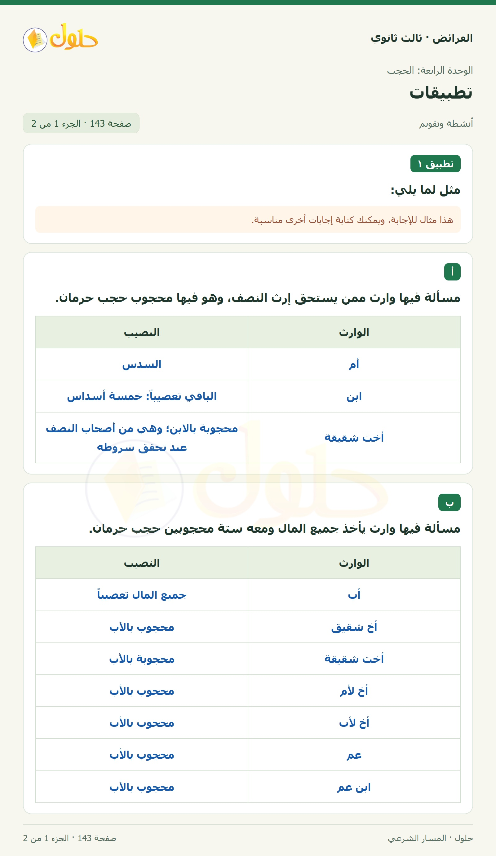حل الفرائض ثالث ثانوي — تطبيقات — صفحة 143 — الجزء 1 من 2