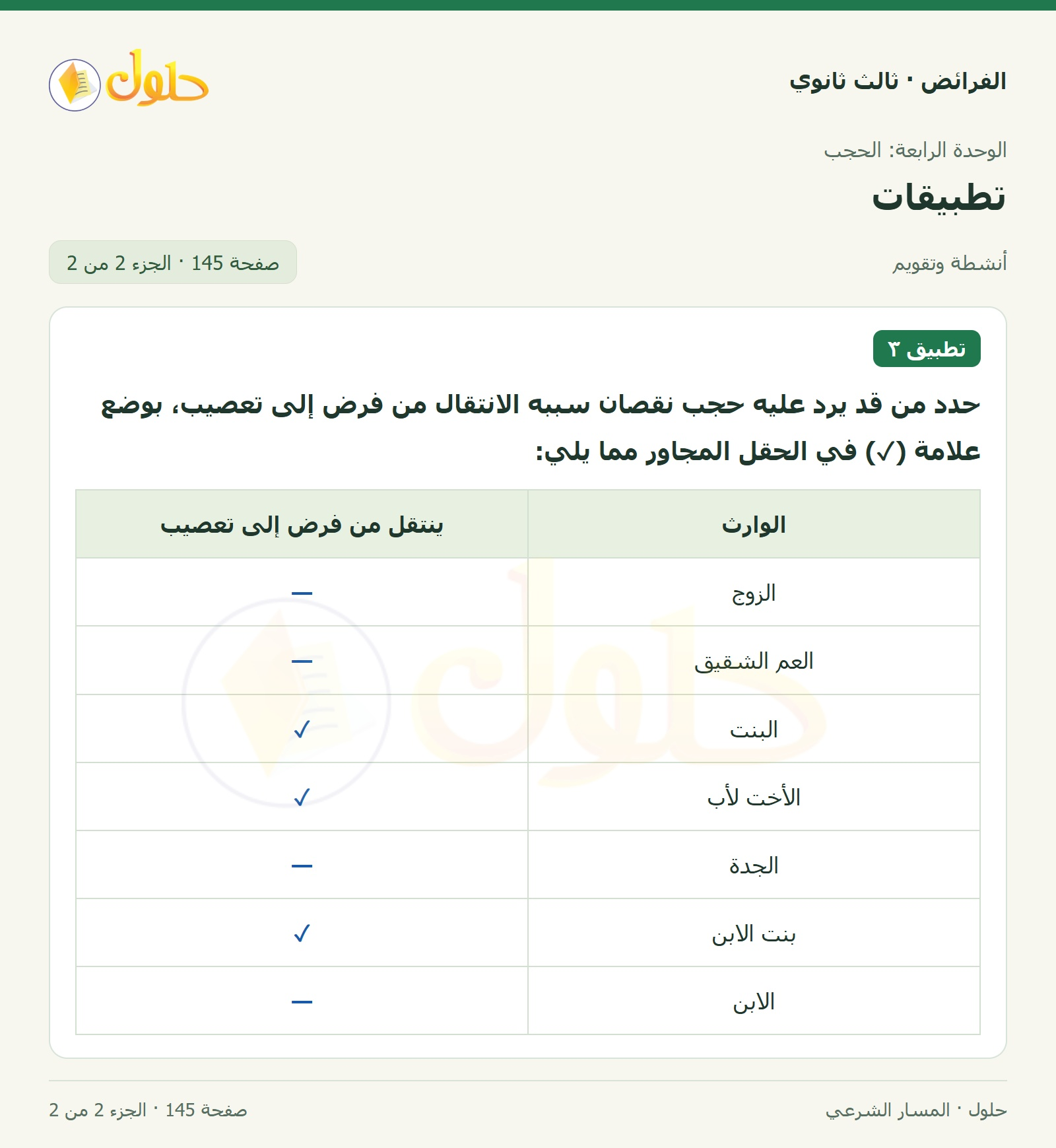 حل الفرائض ثالث ثانوي — تطبيقات — صفحة 145 — الجزء 2 من 2