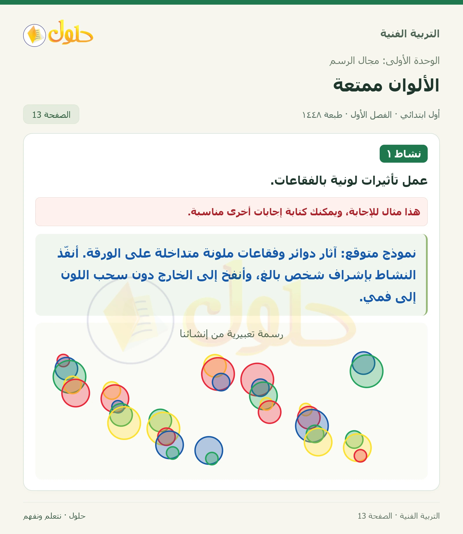 تأثيرات لونية بالفقاعات صفحة ١٣ في كتاب التربية الفنية للصف الأول الابتدائي