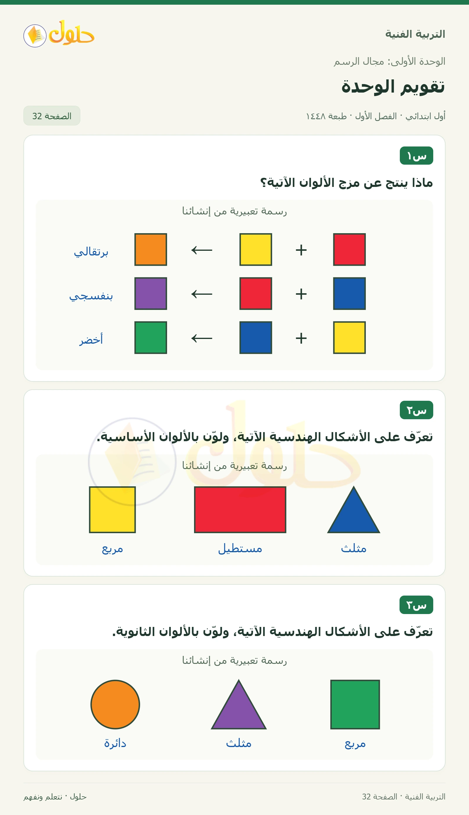 مزج الألوان: ثلاث خانات صفحة ٣٢ في كتاب التربية الفنية للصف الأول الابتدائي