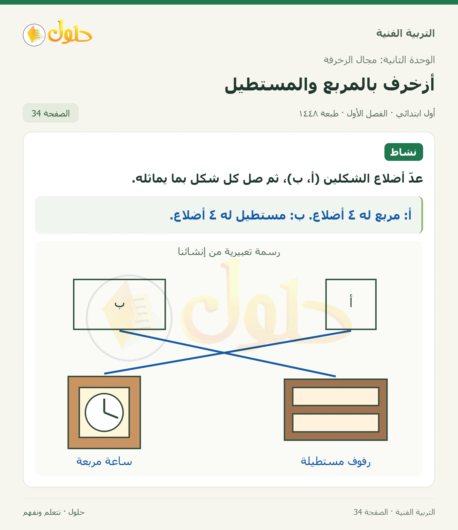 عد أضلاع المربع والمستطيل صفحة ٣٤ في كتاب التربية الفنية للصف الأول الابتدائي