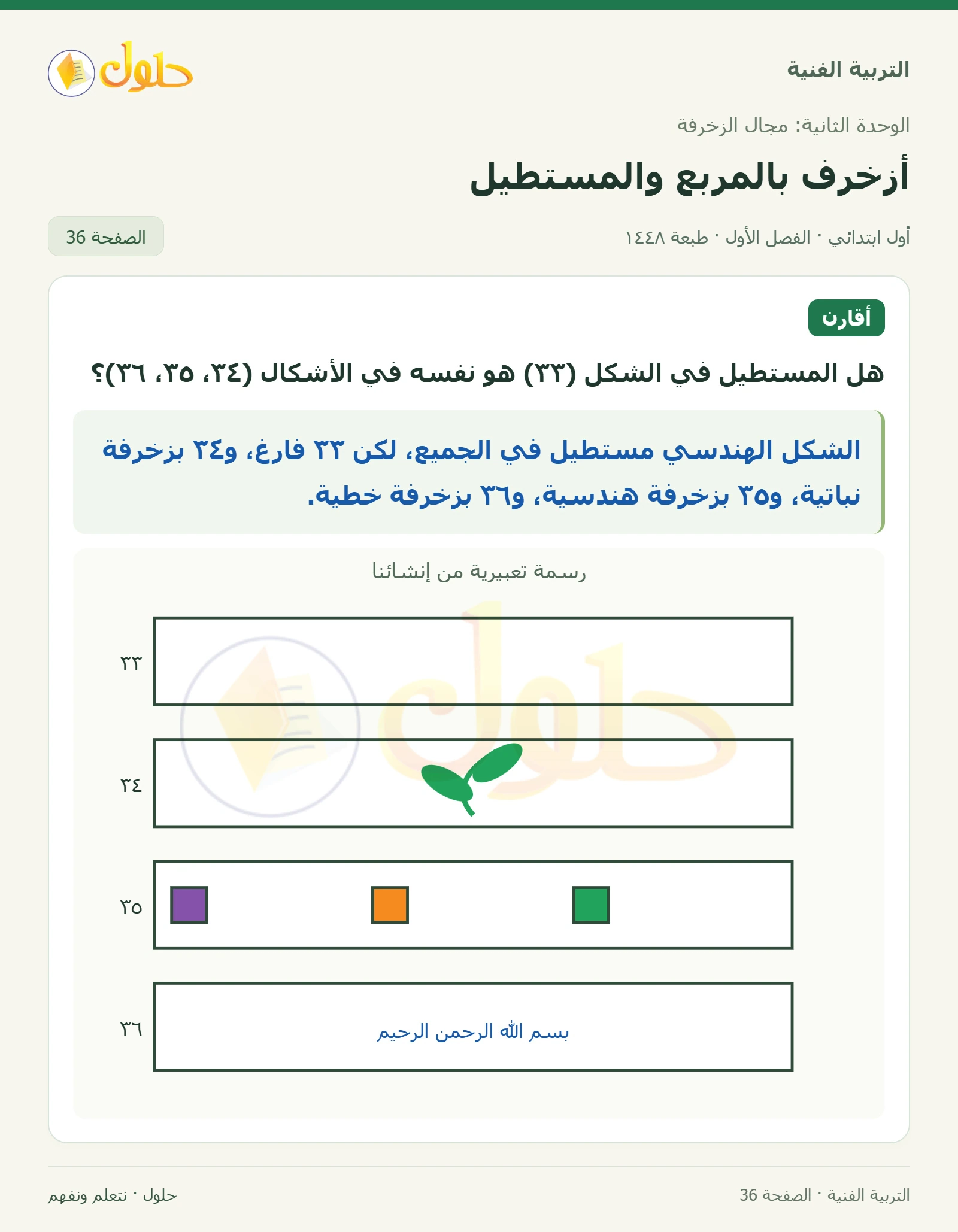 تمييز ثبات المستطيل واختلاف الزخرفة في أربعة أمثلة صفحة ٣٦ في كتاب التربية الفنية للصف الأول الابتدائي