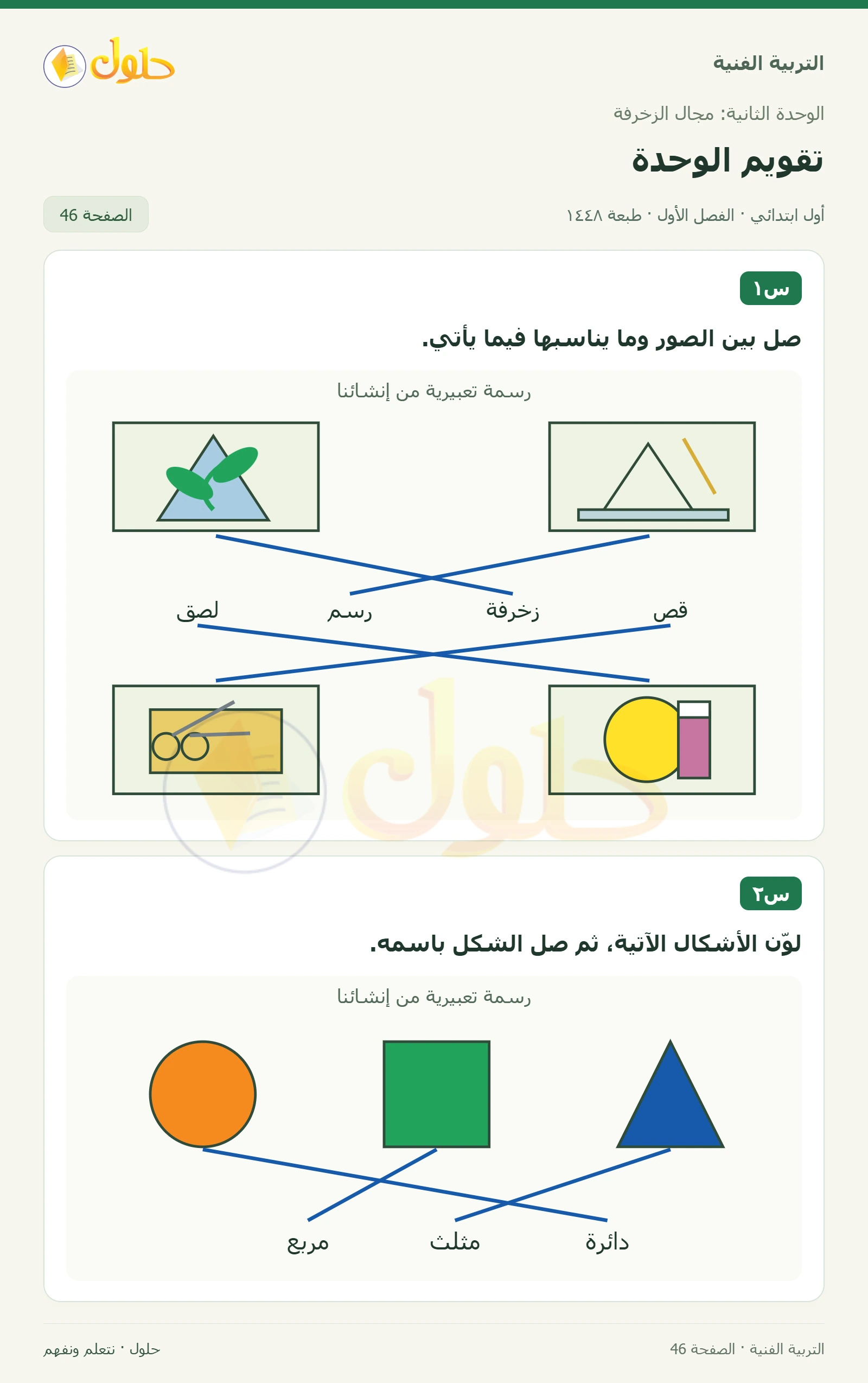أربعة توصيلات: لصق ورسم وزخرفة وقص صفحة ٤٦ في كتاب التربية الفنية للصف الأول الابتدائي