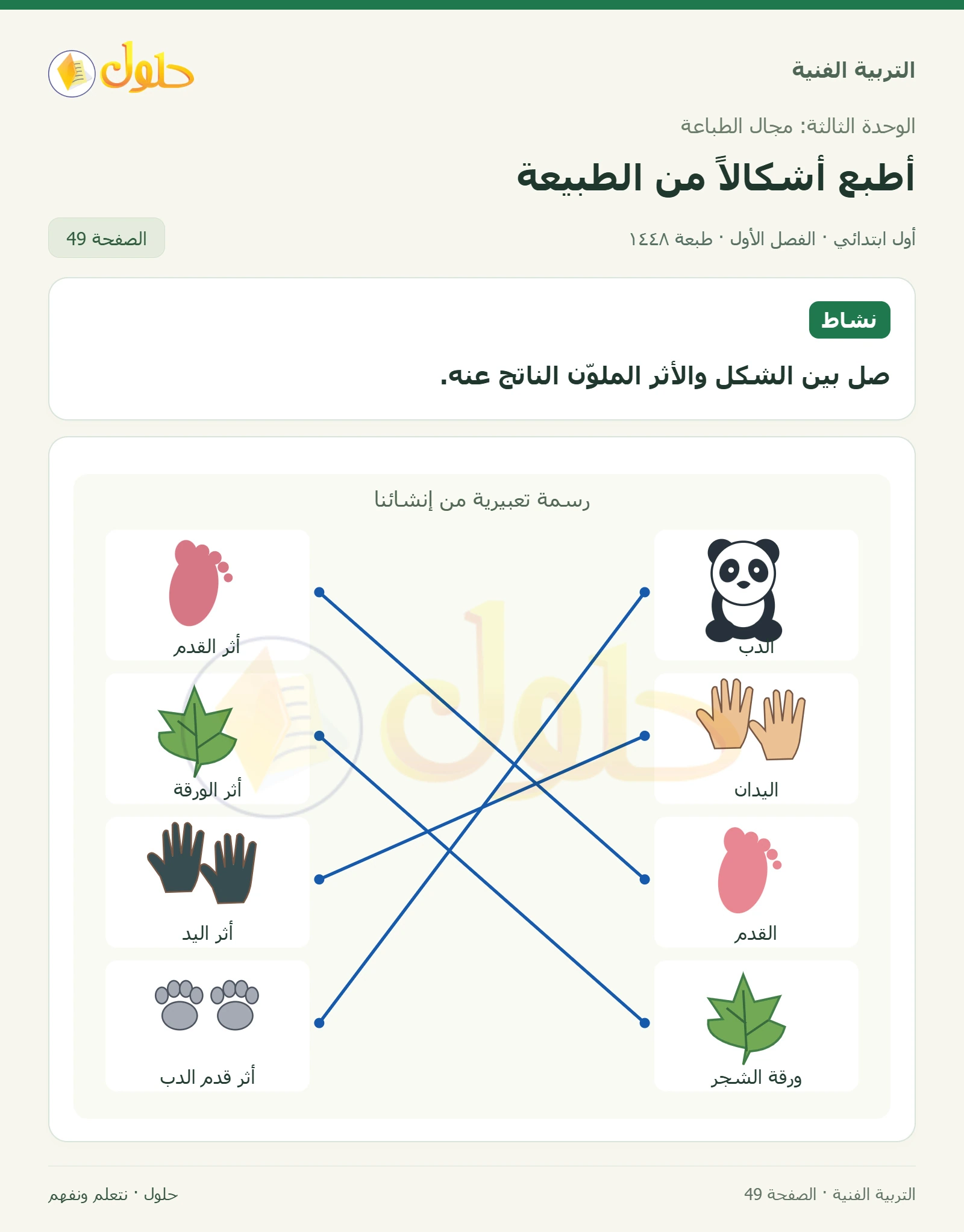 توصيل الأشكال الأربعة بآثارها صفحة ٤٩ في كتاب التربية الفنية للصف الأول الابتدائي