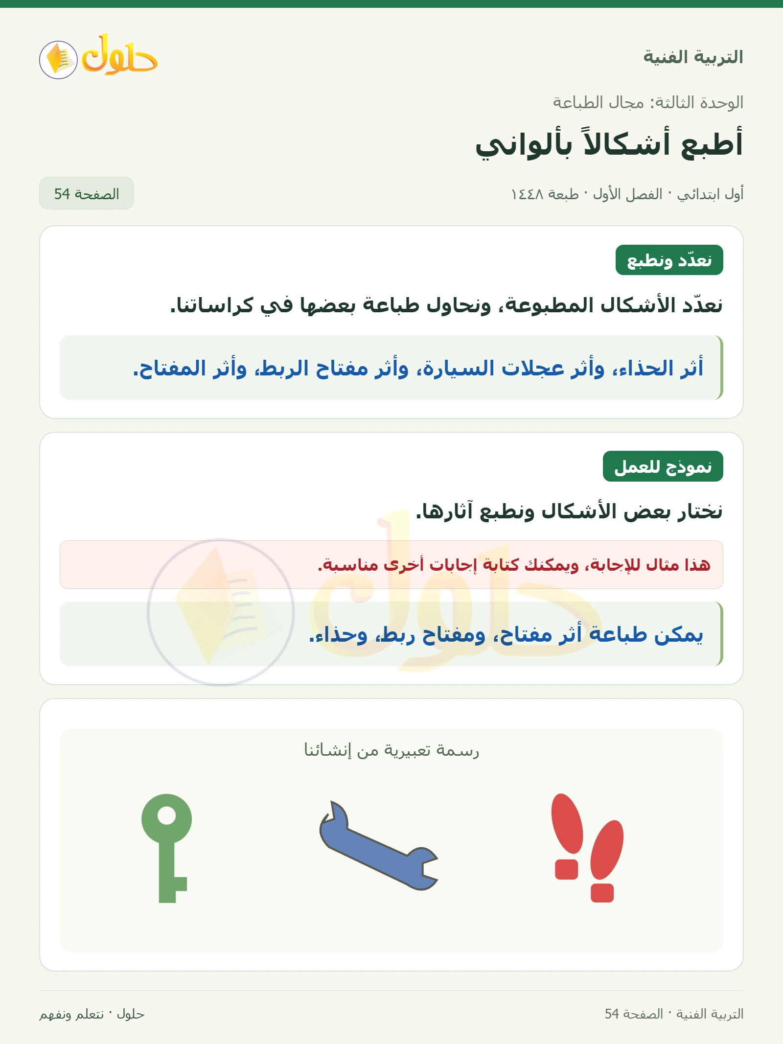 تعداد الآثار الأربعة صفحة ٥٤ في كتاب التربية الفنية للصف الأول الابتدائي