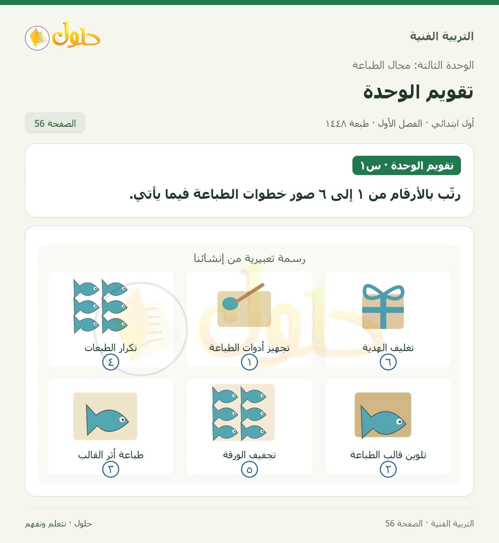ترتيب6 مراحل مع حفظ مواضع الصور صفحة ٥٦ في كتاب التربية الفنية للصف الأول الابتدائي