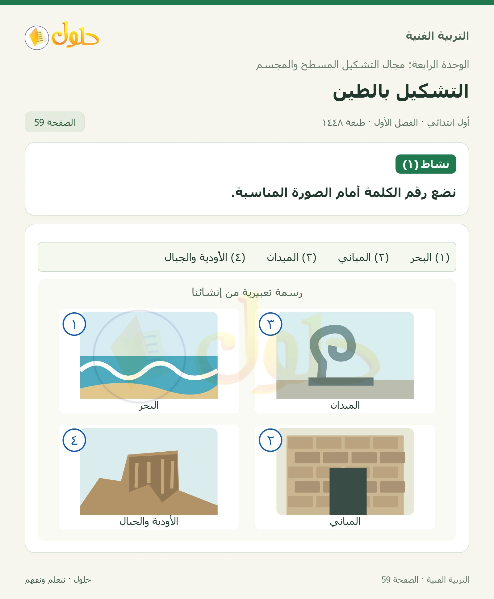 تعيين أرقام4 أماكن للصخور صفحة ٥٩ في كتاب التربية الفنية للصف الأول الابتدائي