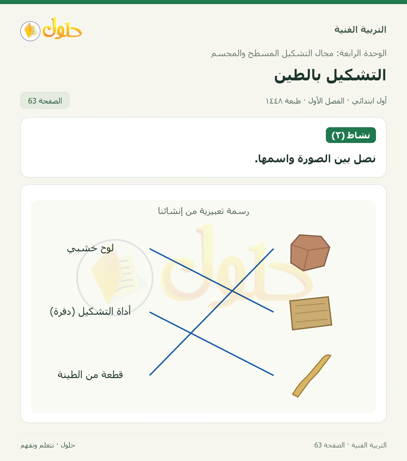 توصيل3 أدوات وخامات صفحة ٦٣ في كتاب التربية الفنية للصف الأول الابتدائي