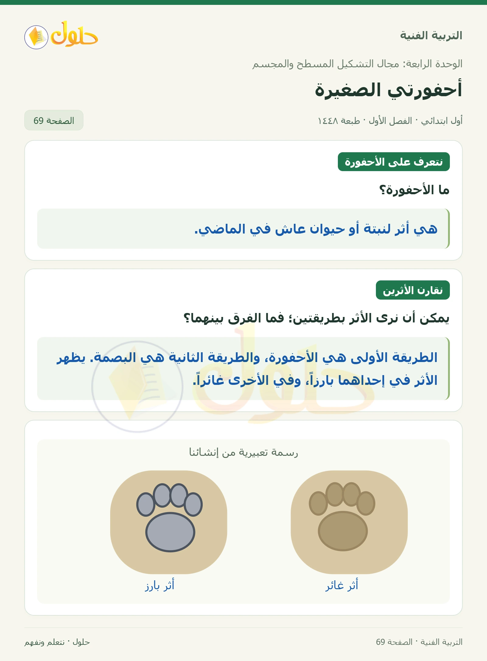 تعريف الأحفورة صفحة ٦٩ في كتاب التربية الفنية للصف الأول الابتدائي