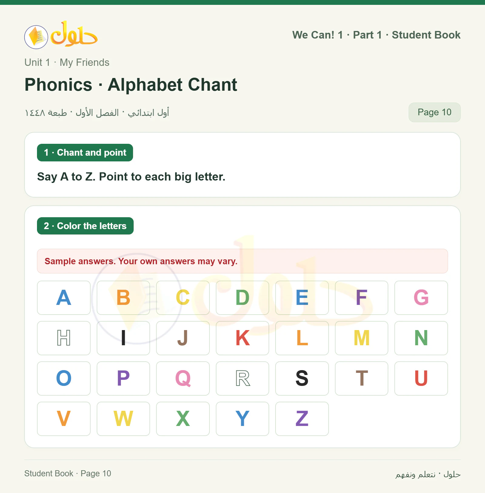 حل اللغة الإنجليزية للصف الأول الابتدائي كتاب الطالب صفحة 10